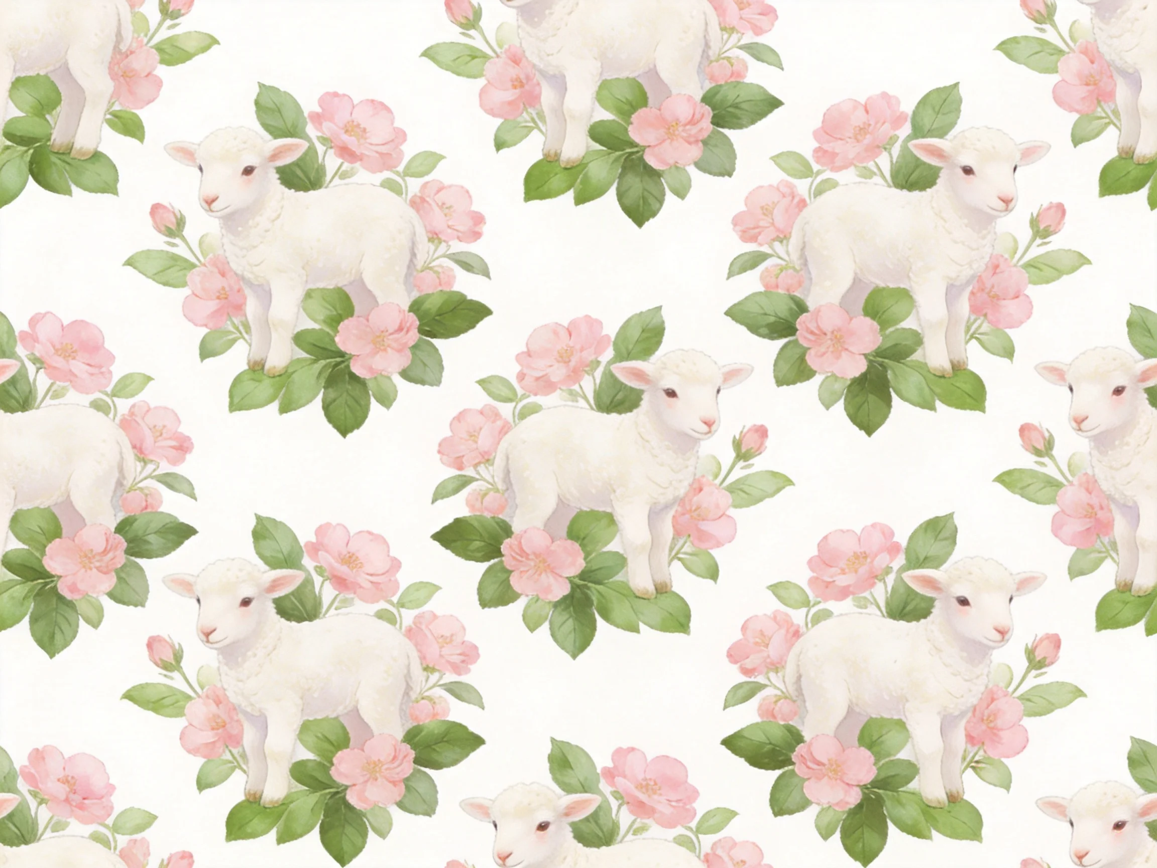 A delicate watercolor pattern of white lambs with pink flowers and green leaves