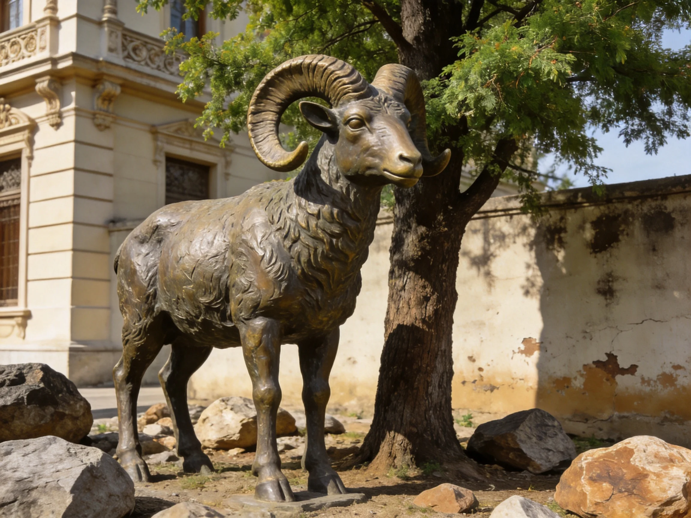 A detailed bronze ram statue near a tree and aged building