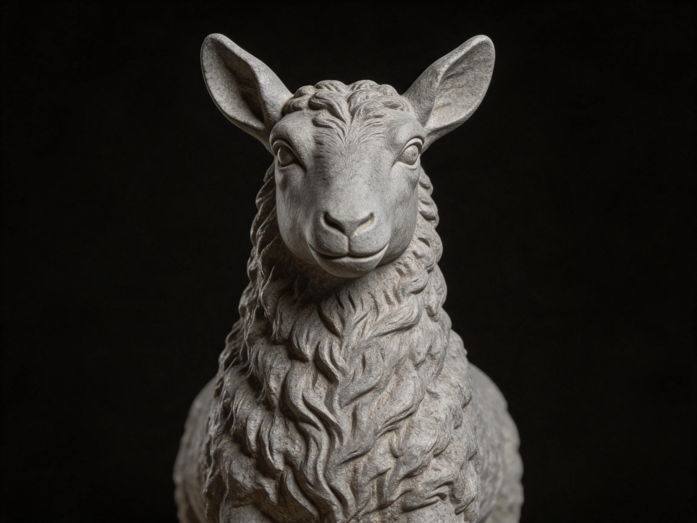 A detailed gray stone sheep statue against a black backdrop