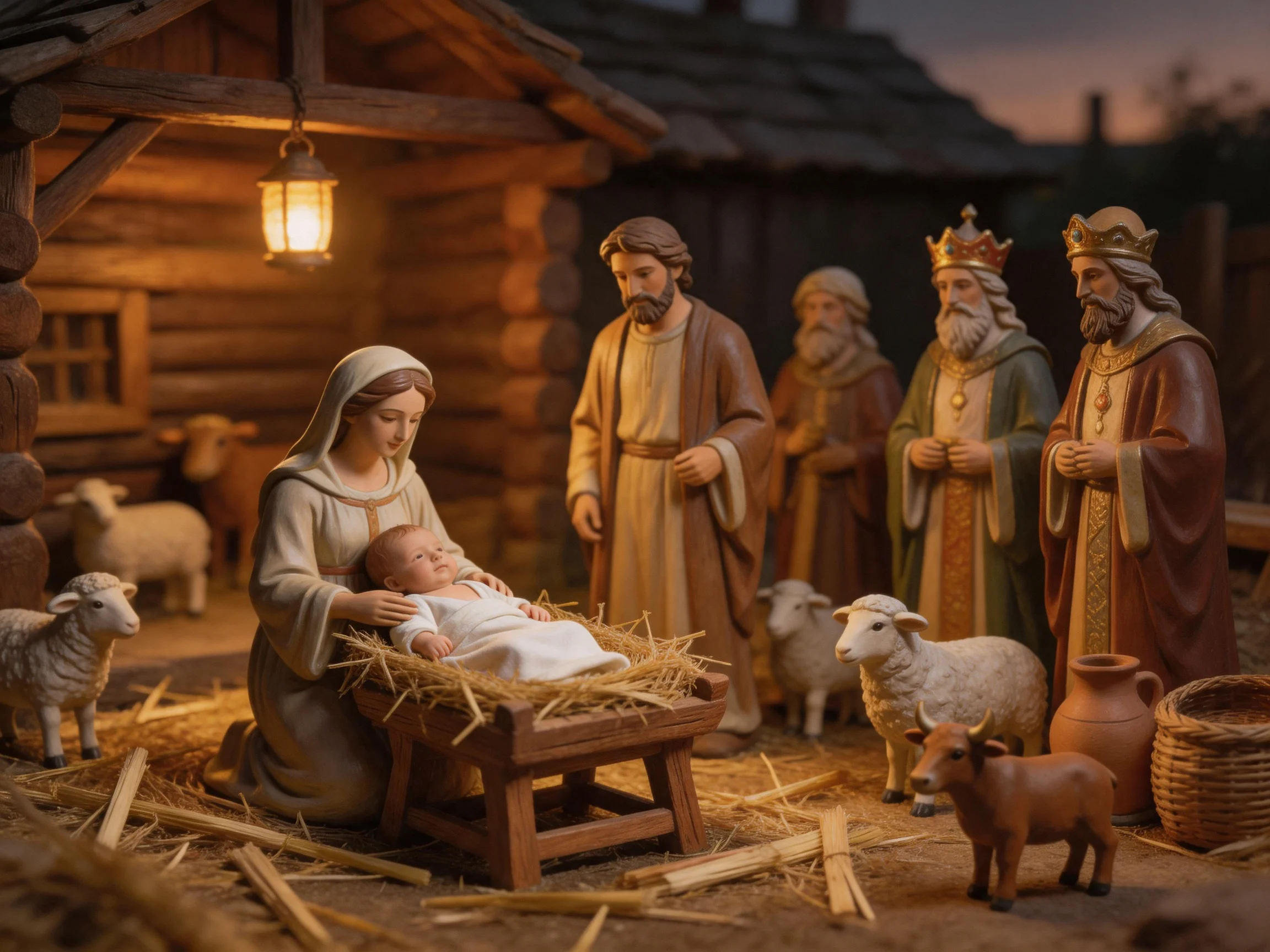 A detailed nativity scene with figurines in a rustic wooden stable setting