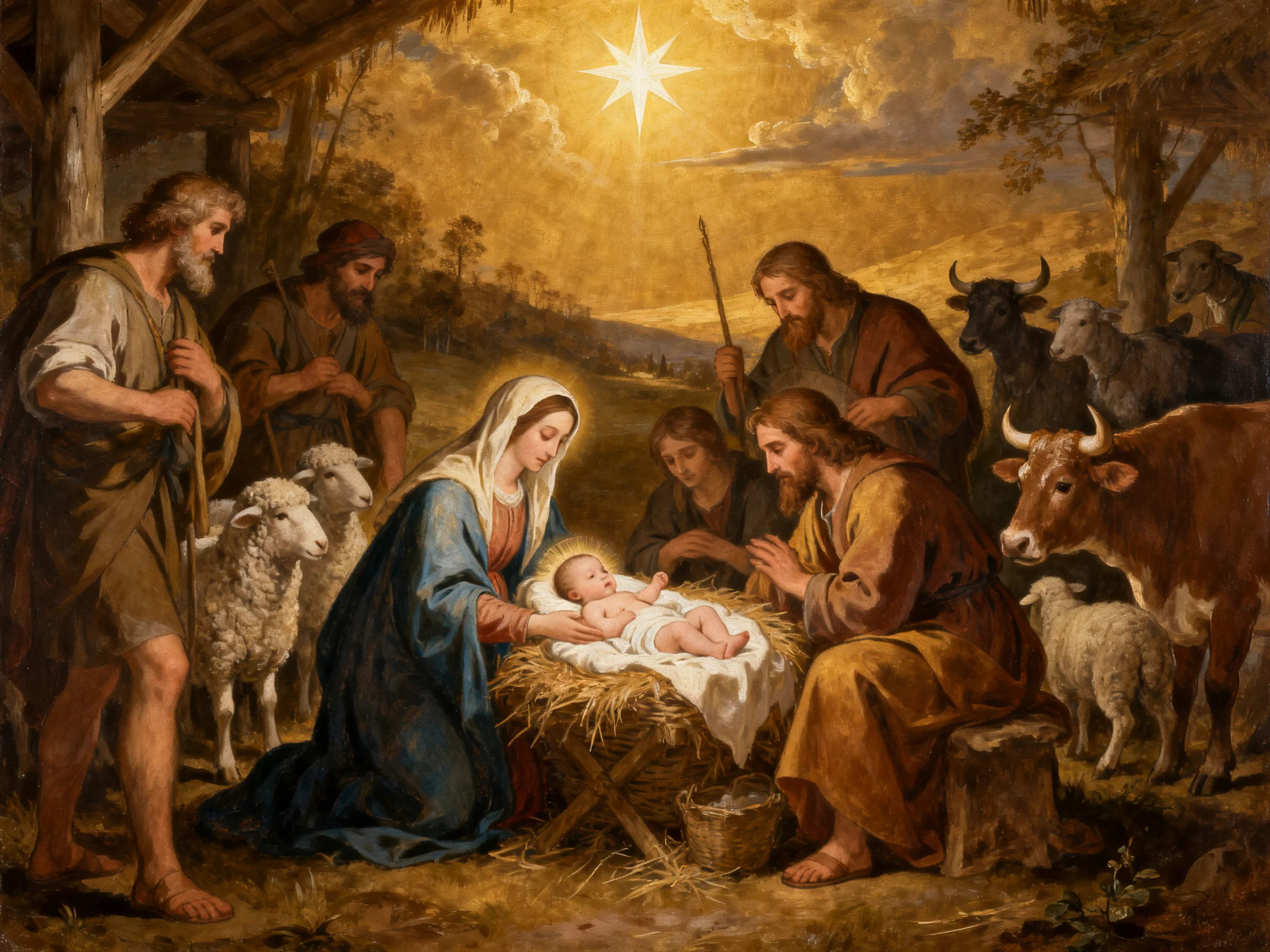 A detailed nativity scene with golden biblical figures