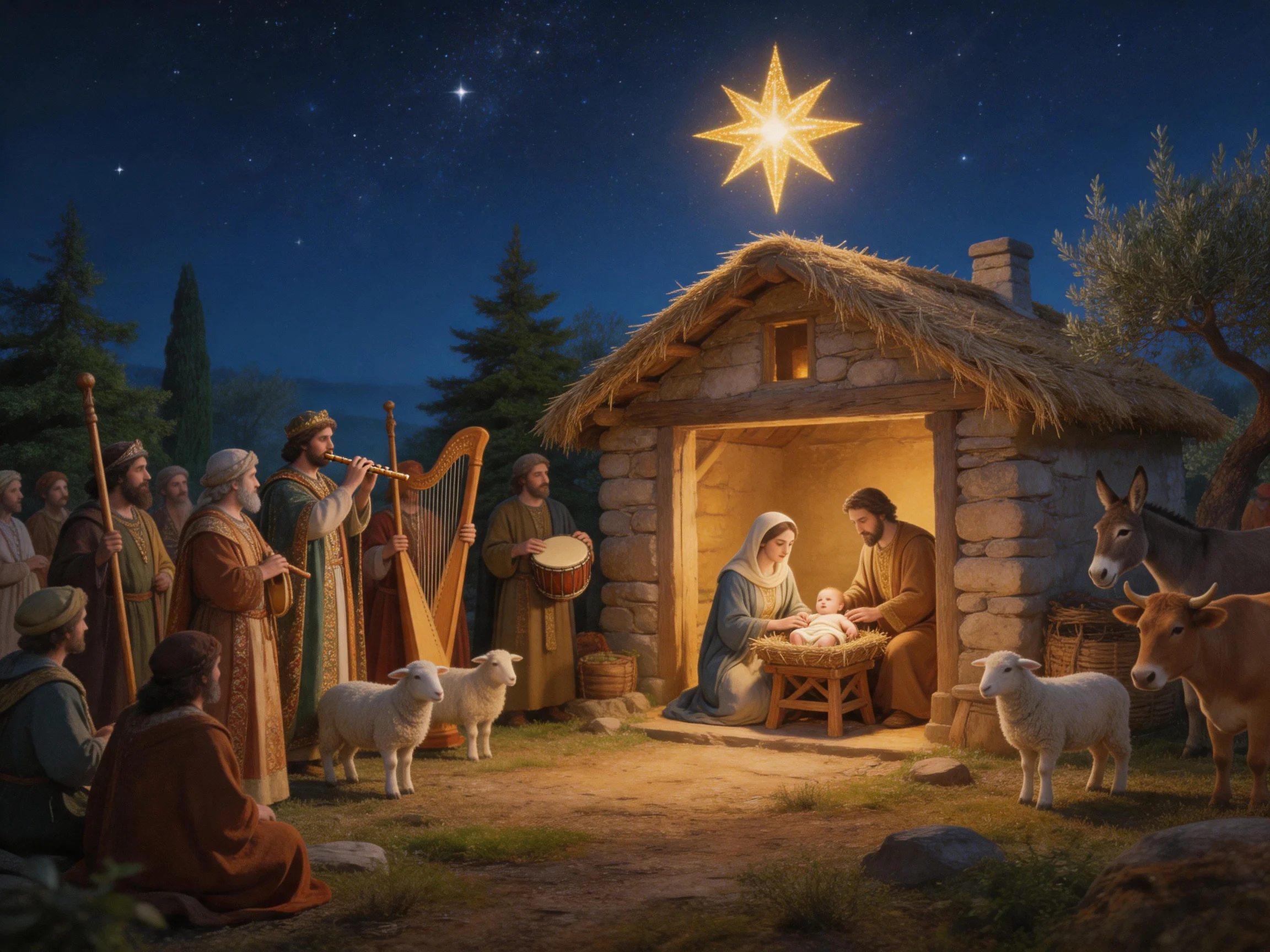 A detailed nativity scene with multiple figures and animals
