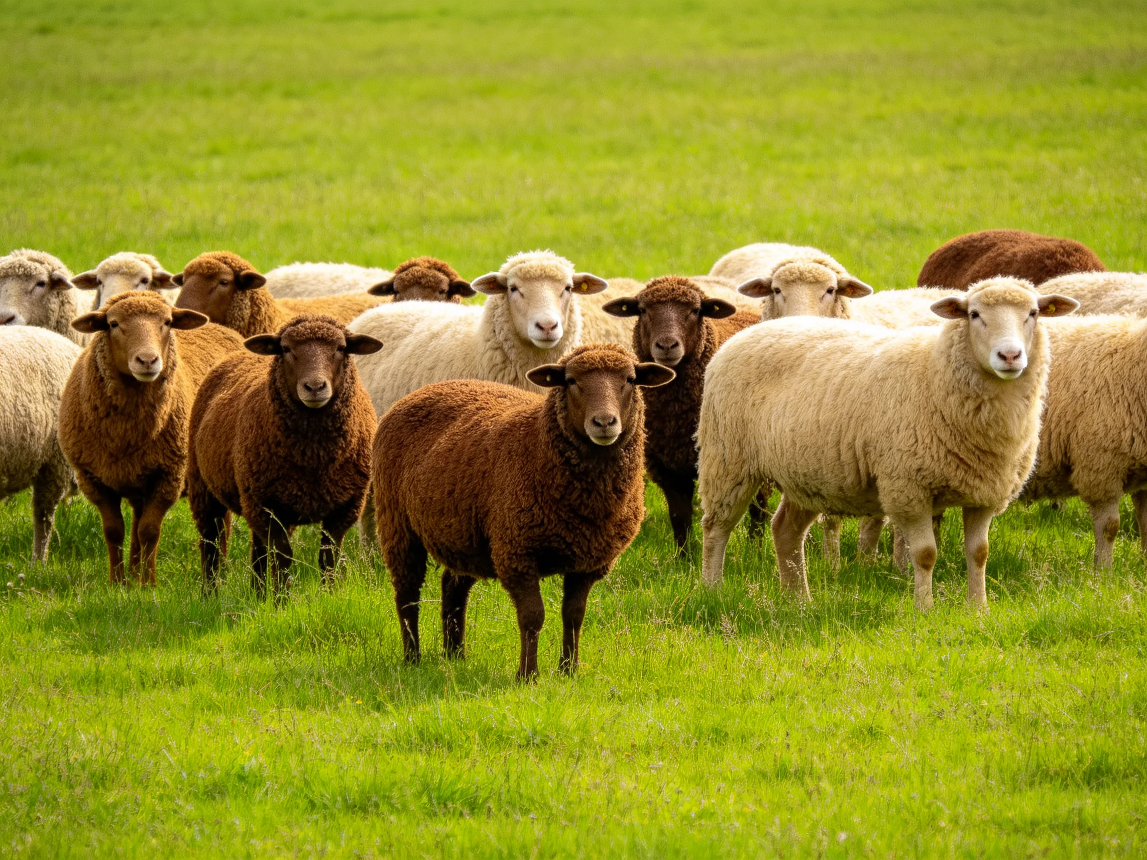 A diverse flock of brown and white sheep grazing in lush green pasture