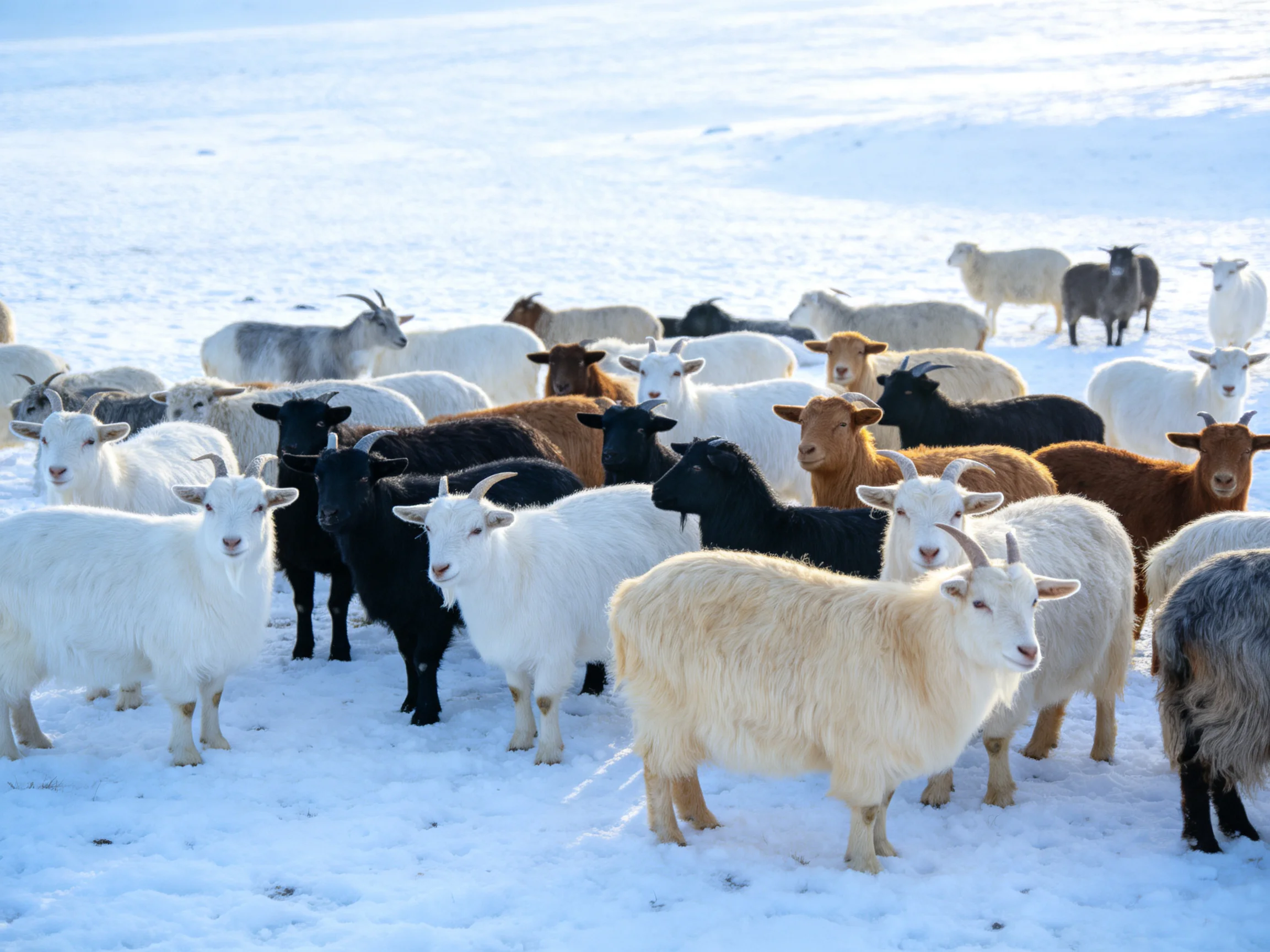 A diverse flock of goats in white, black, and brown on snowy terrain