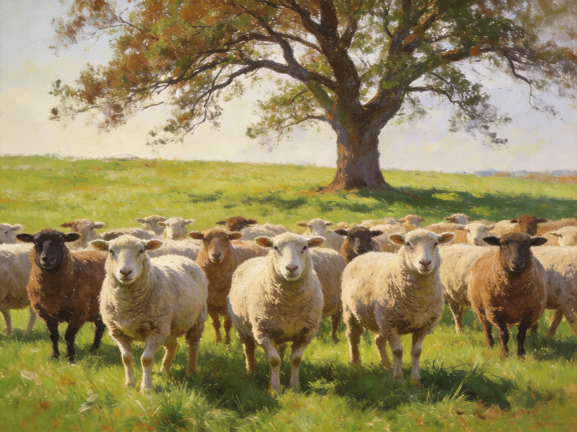 A diverse flock of sheep gathered near a large tree