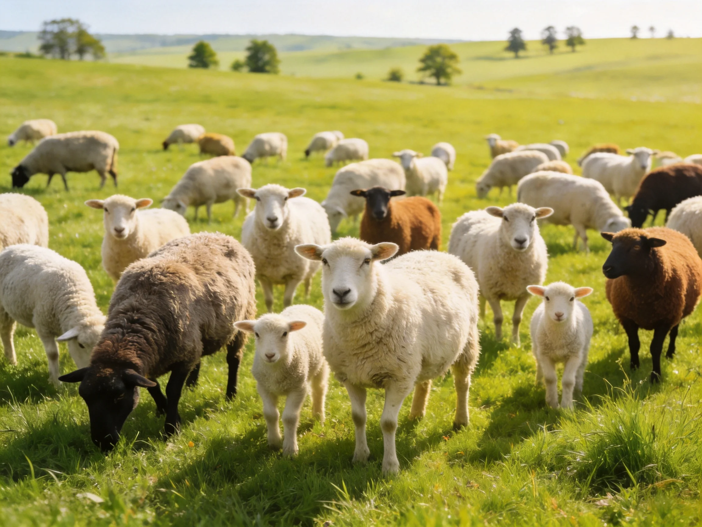 A diverse flock of sheep grazing in a lush green meadow