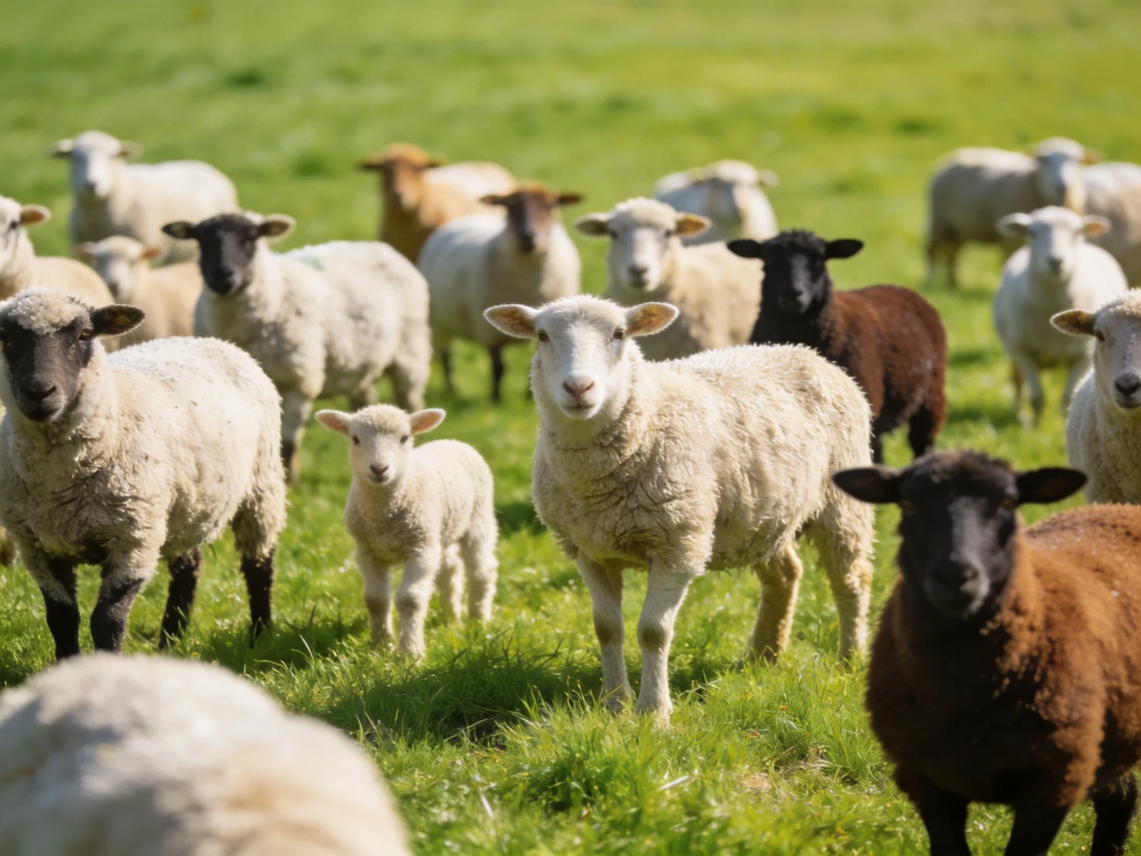 A diverse flock of sheep grazing in a lush green pasture