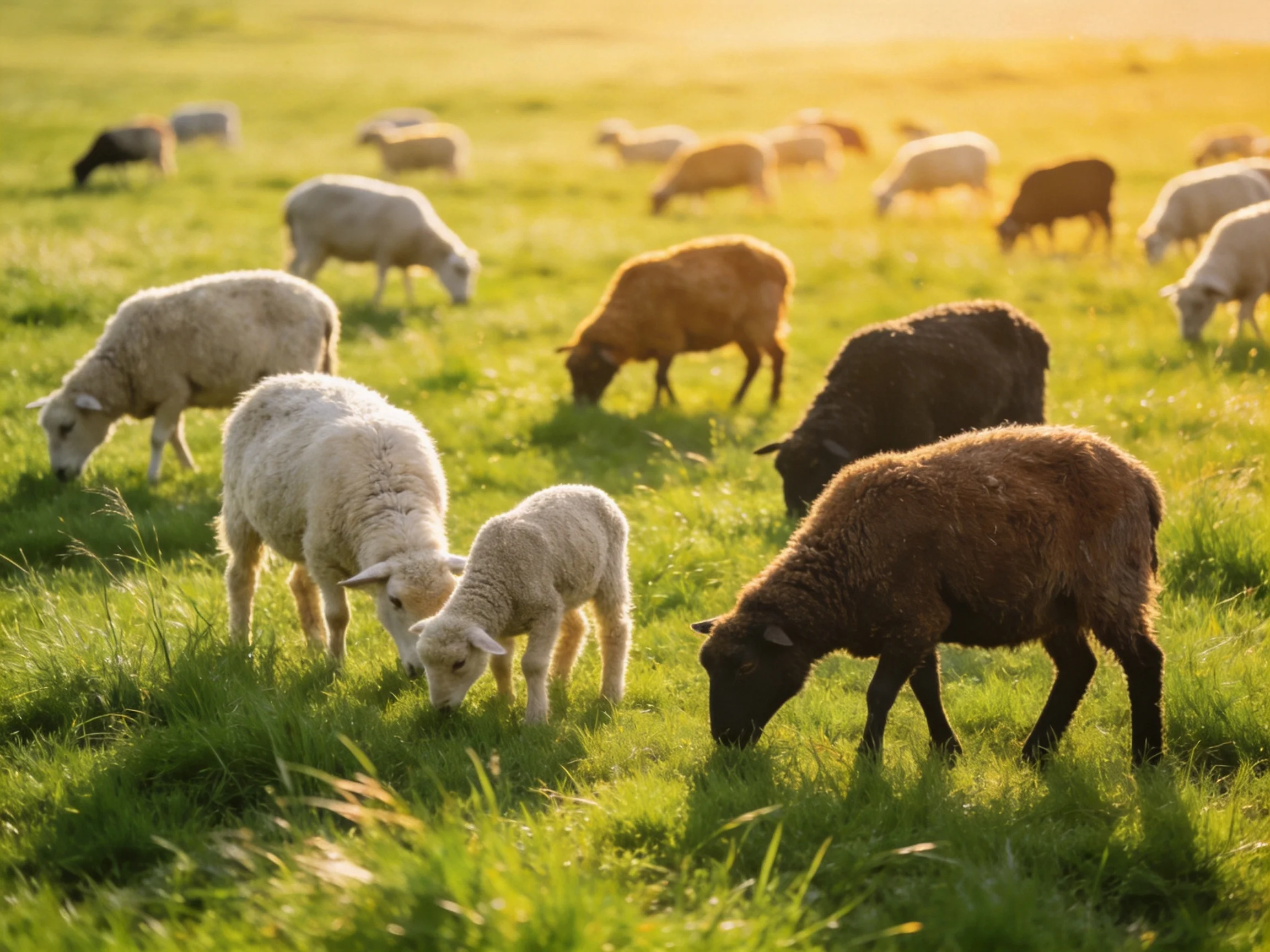 A diverse flock of sheep grazing in a sun-drenched green pasture