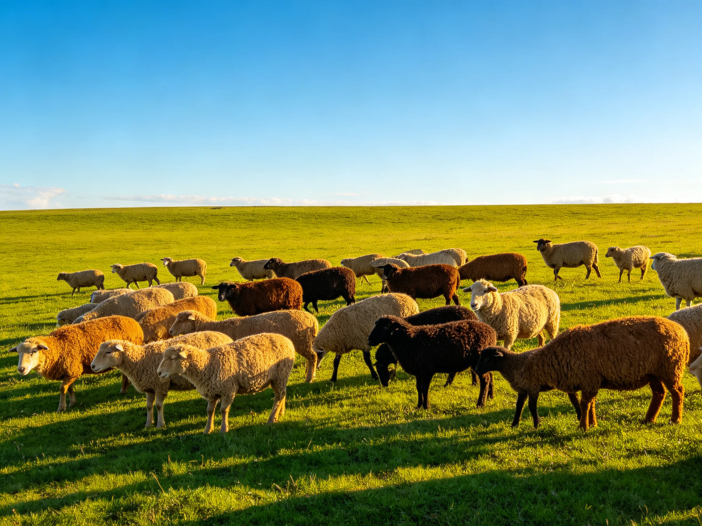 A diverse flock of sheep grazing on a vast green meadow