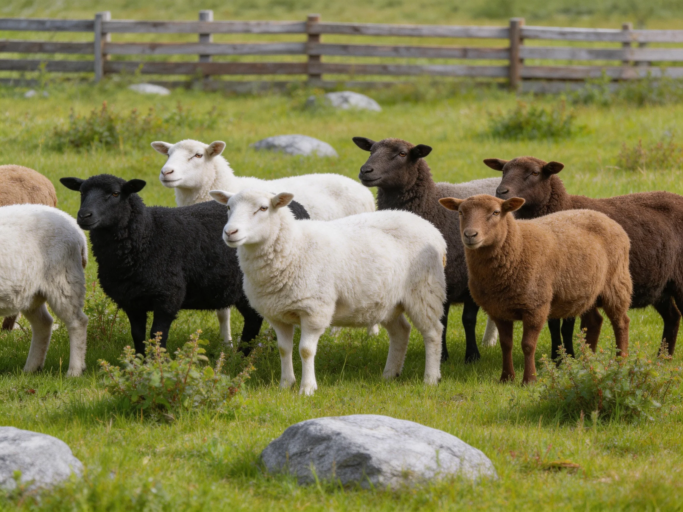 A diverse flock of sheep in a green pasture with wooden fencing