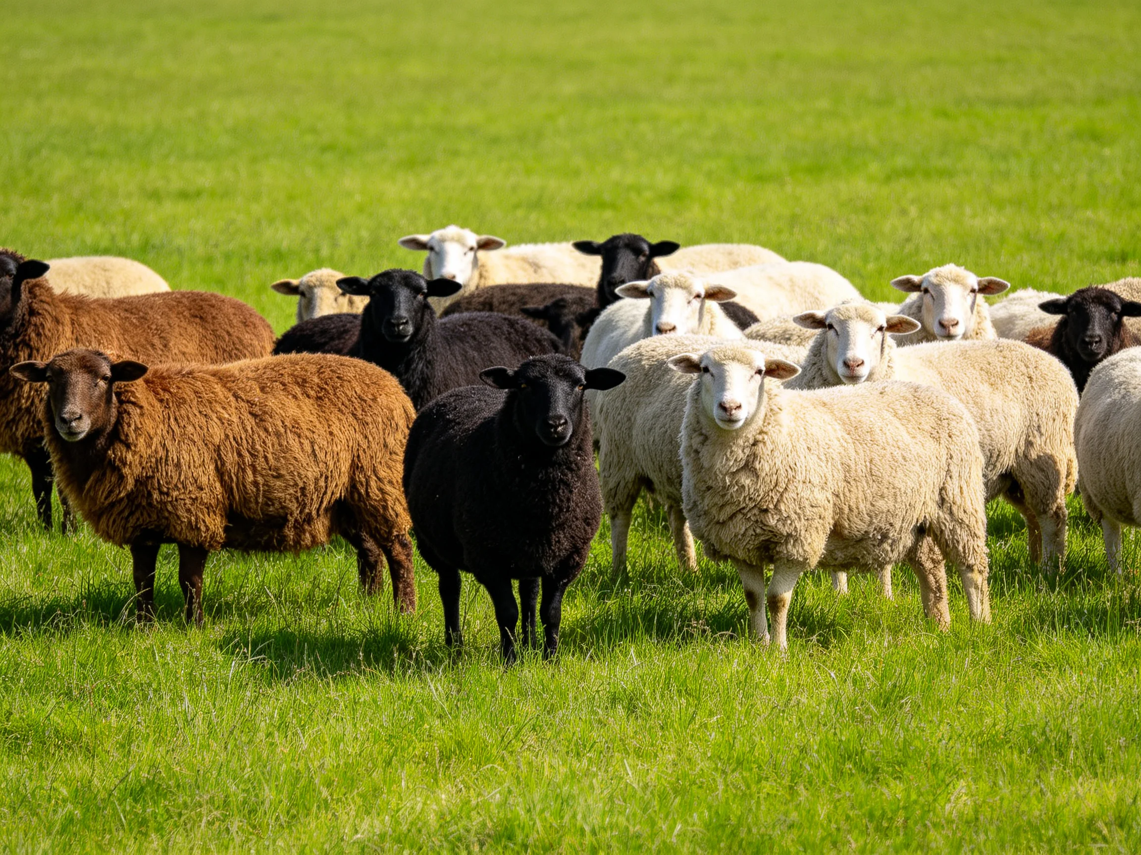 A diverse flock of sheep in a lush green pasture