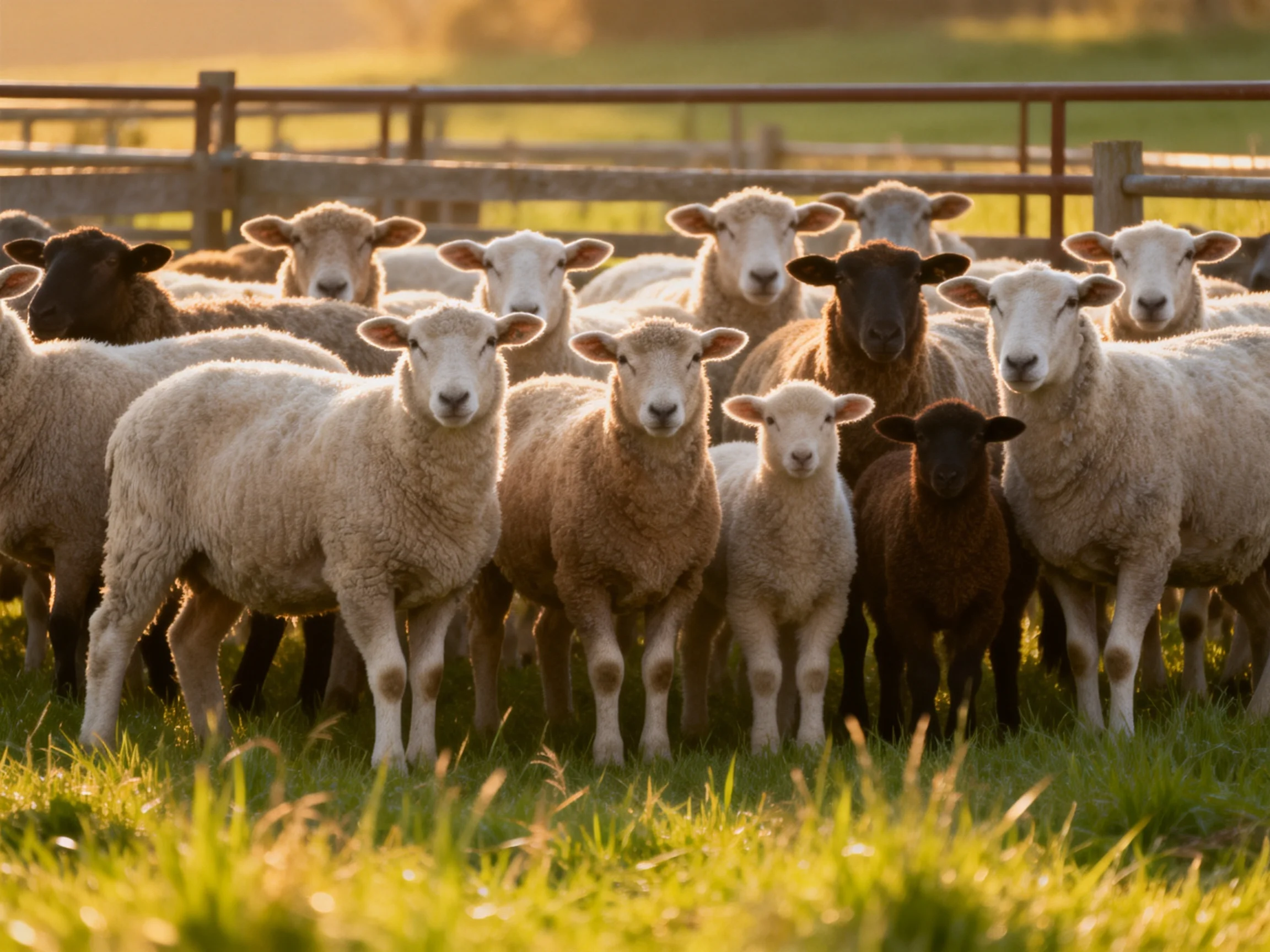 A diverse flock of sheep in a sunlit fenced pasture