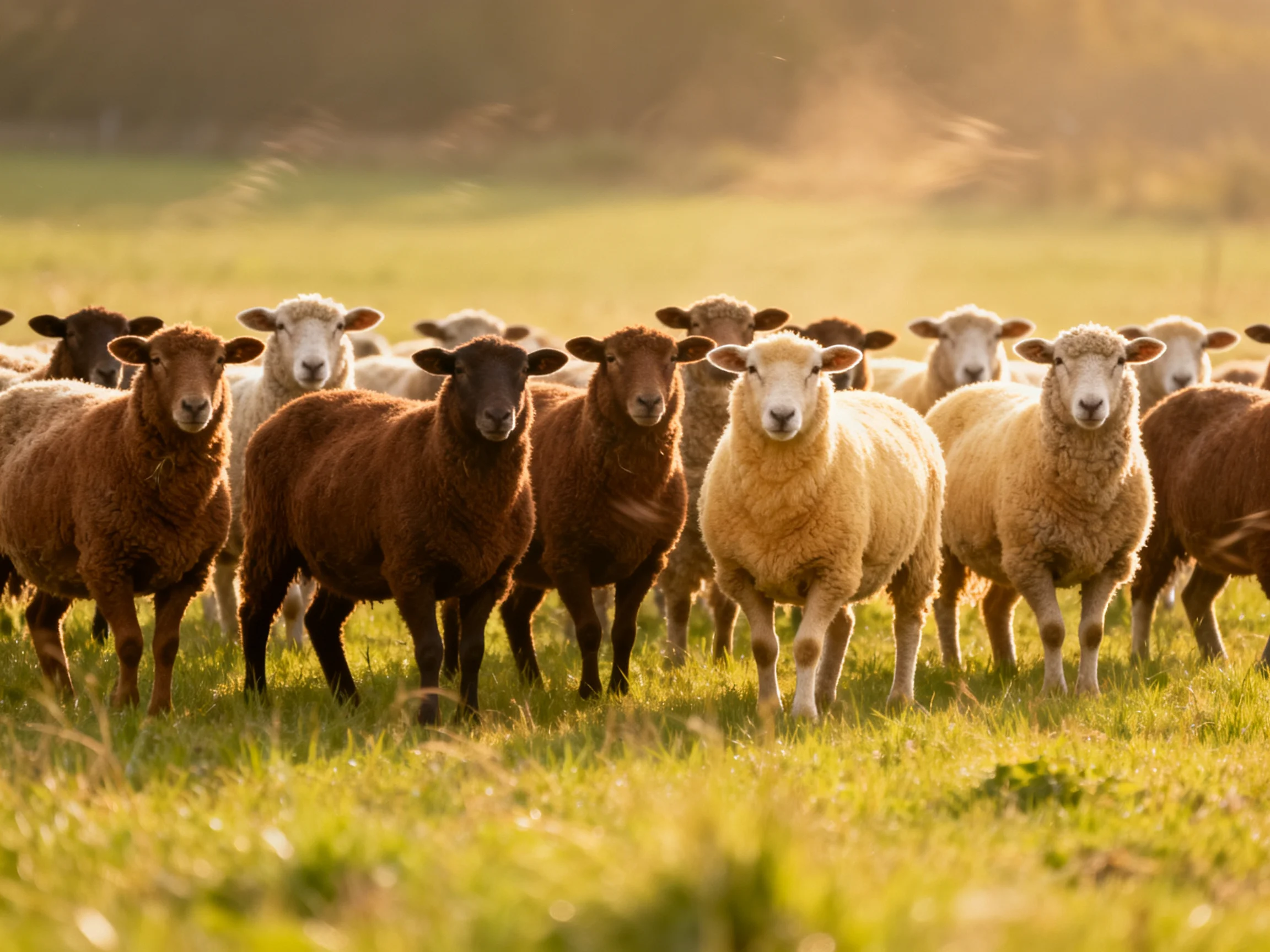A diverse flock of sheep in a sunlit grassy field
