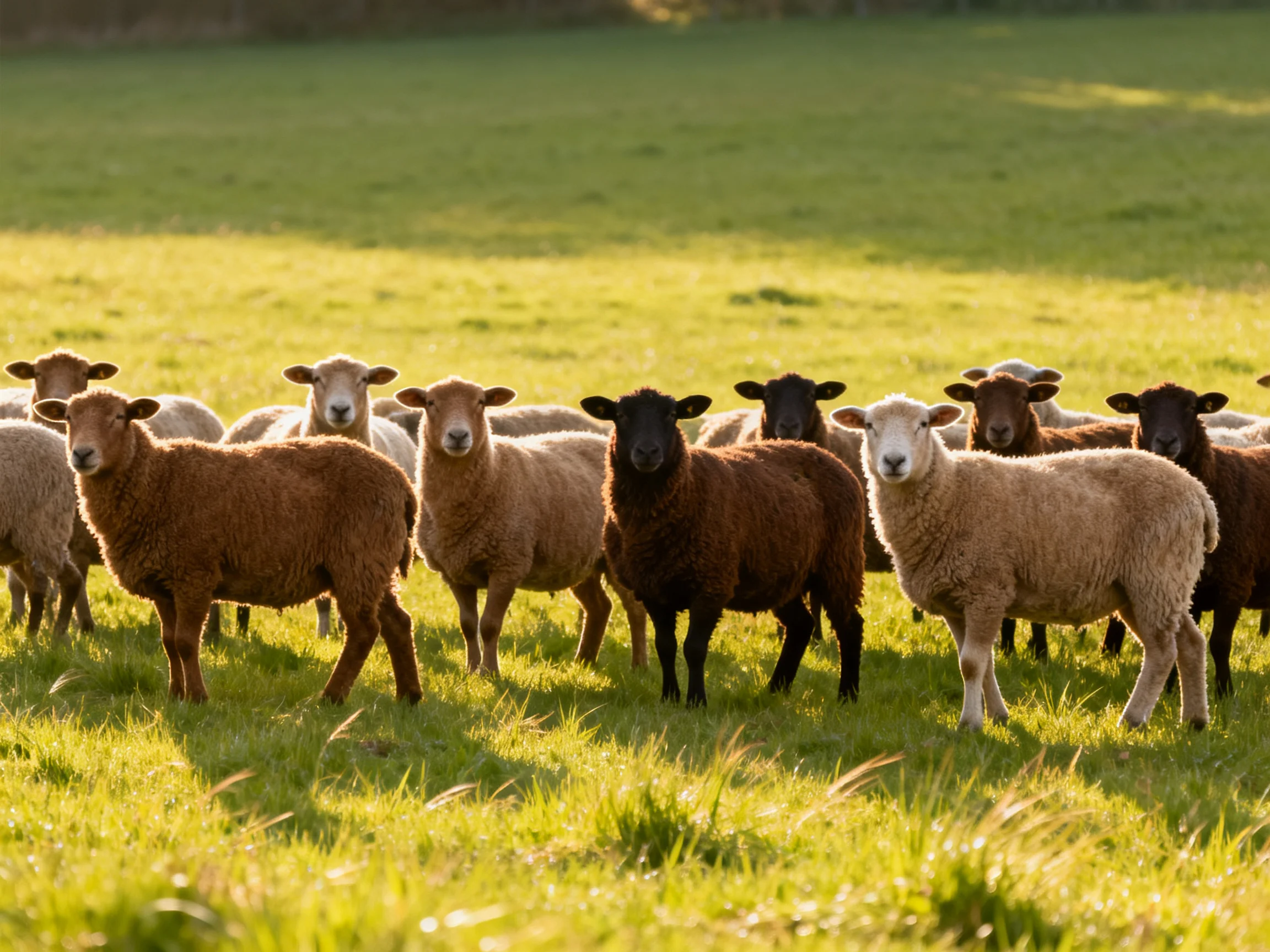 A diverse flock of sheep in a sunlit green pasture
