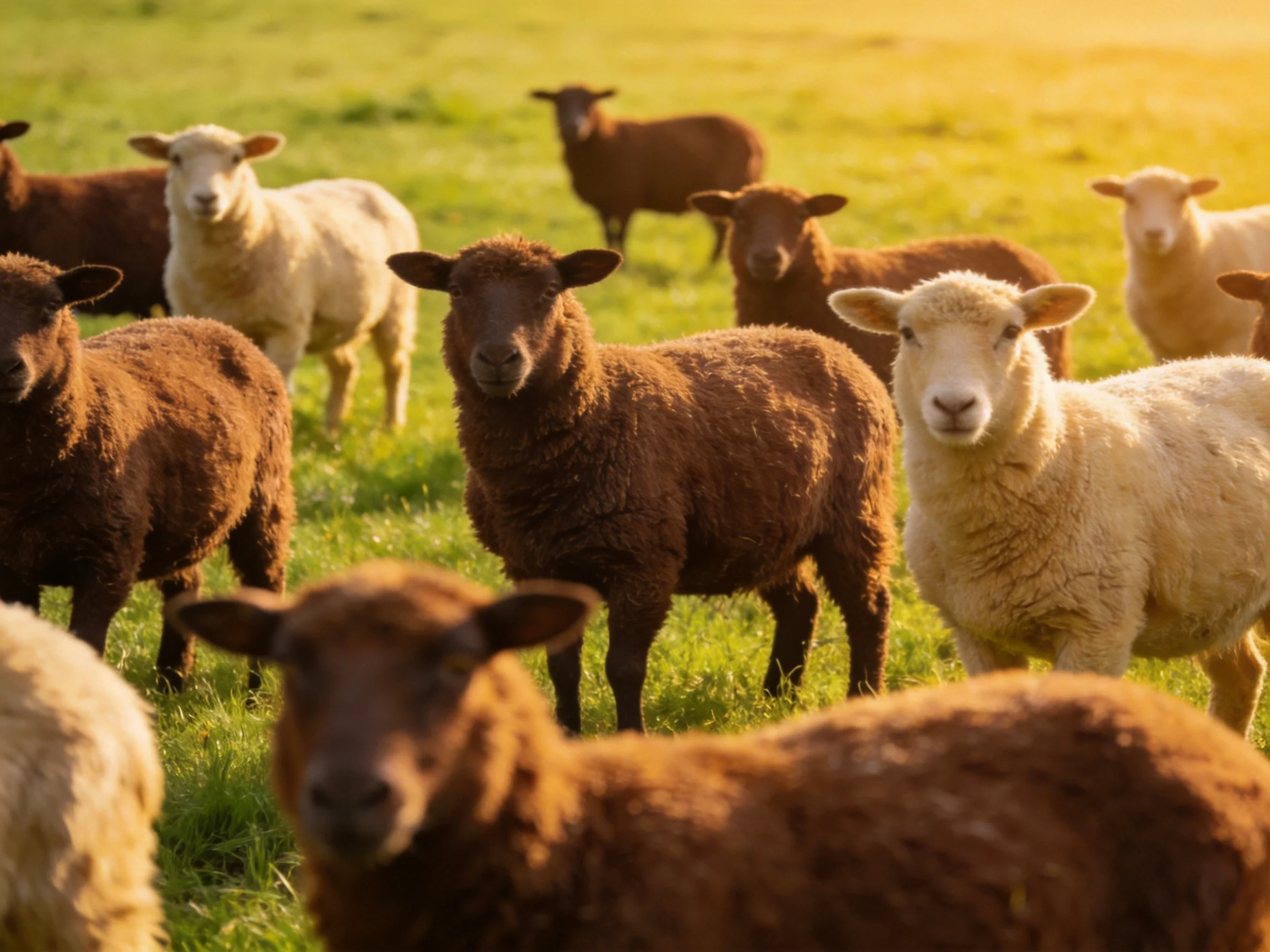 A diverse flock of sheep in a sunlit green pasture