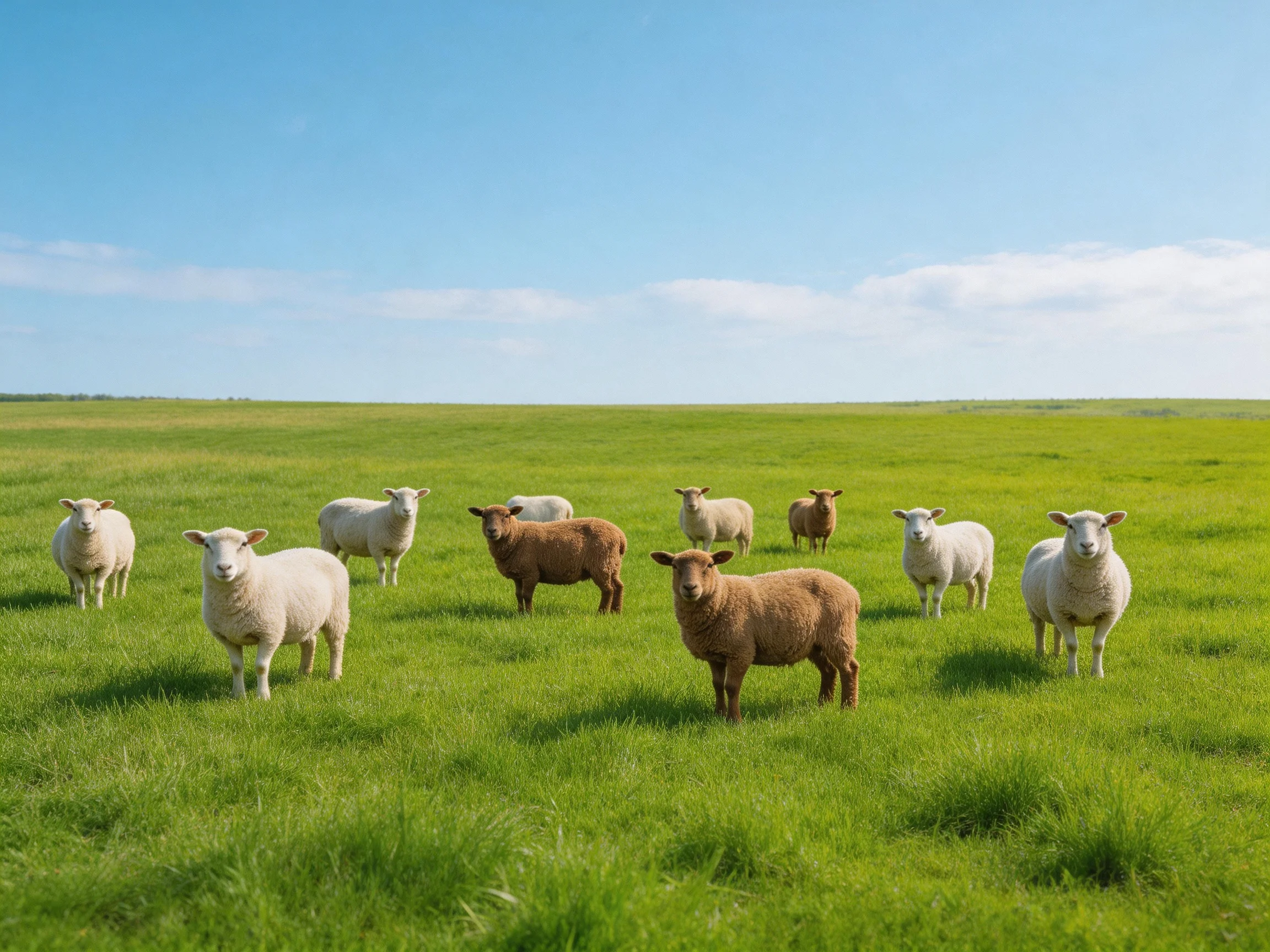A diverse flock of sheep in a vibrant green meadow under clear blue skies