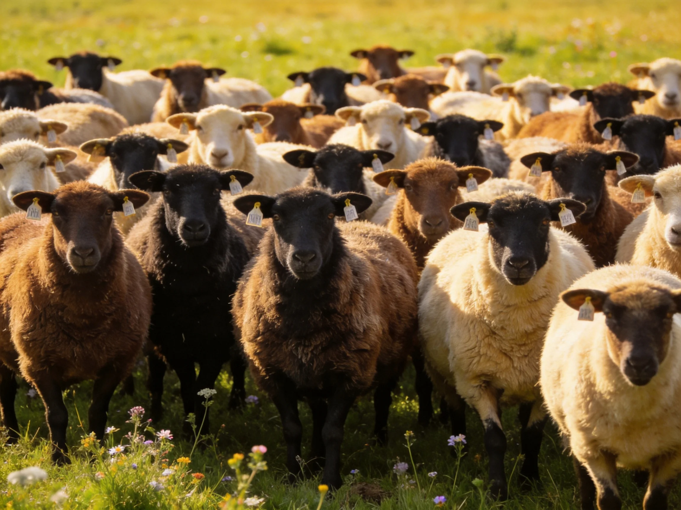 A diverse flock of sheep in brown, black, and white coats in a green pasture