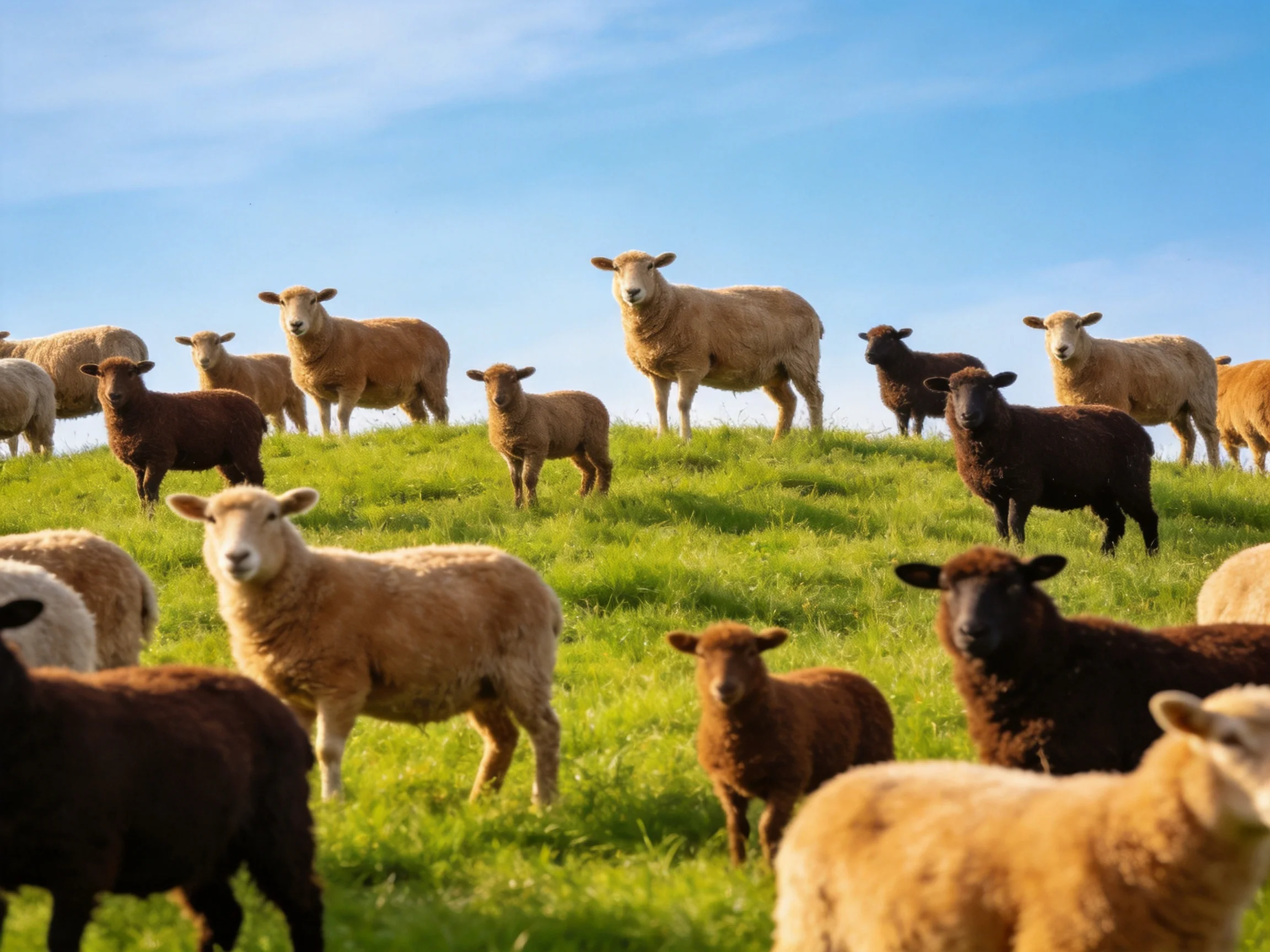 A diverse flock of sheep in multiple hues on a lush green hillside