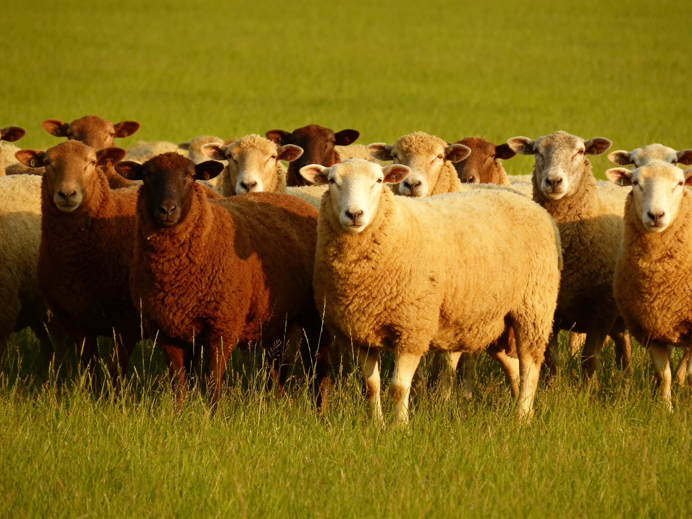 A diverse flock of sheep in varied earthy tones in a green pasture
