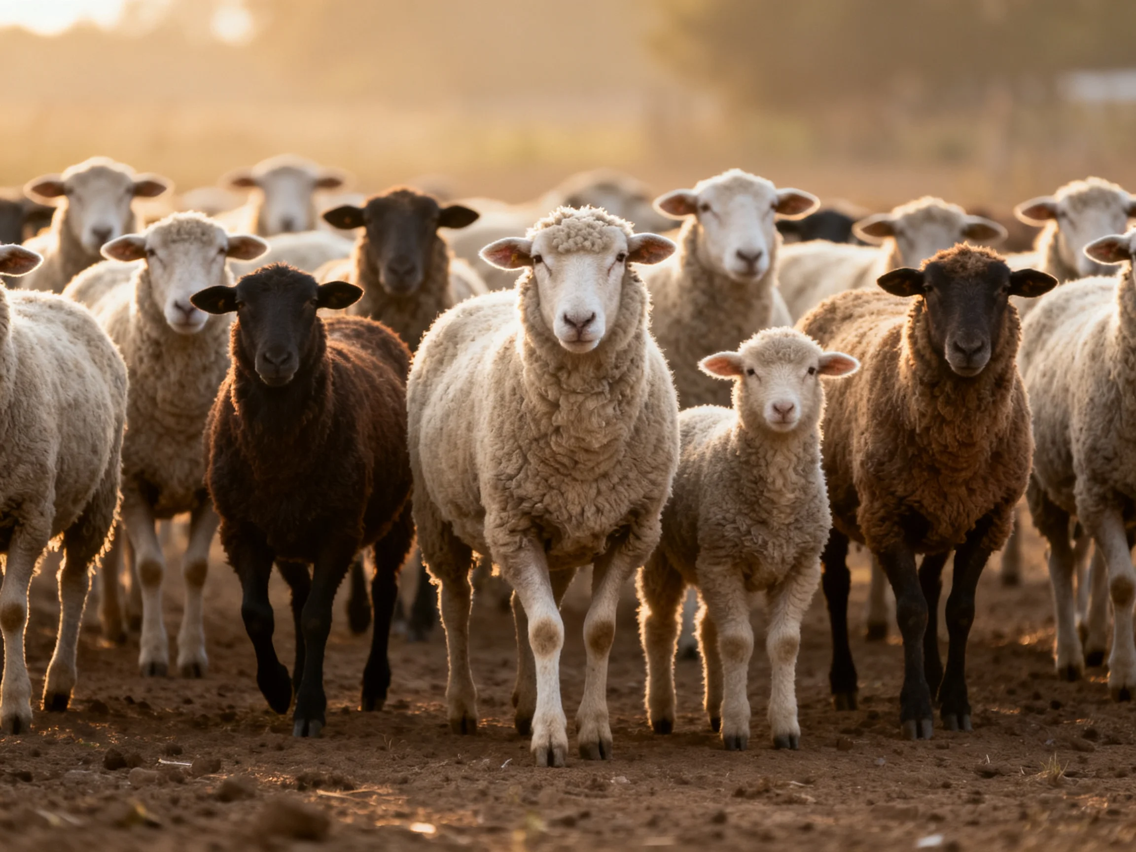 A diverse flock of sheep with varied wool colors in a sunlit field