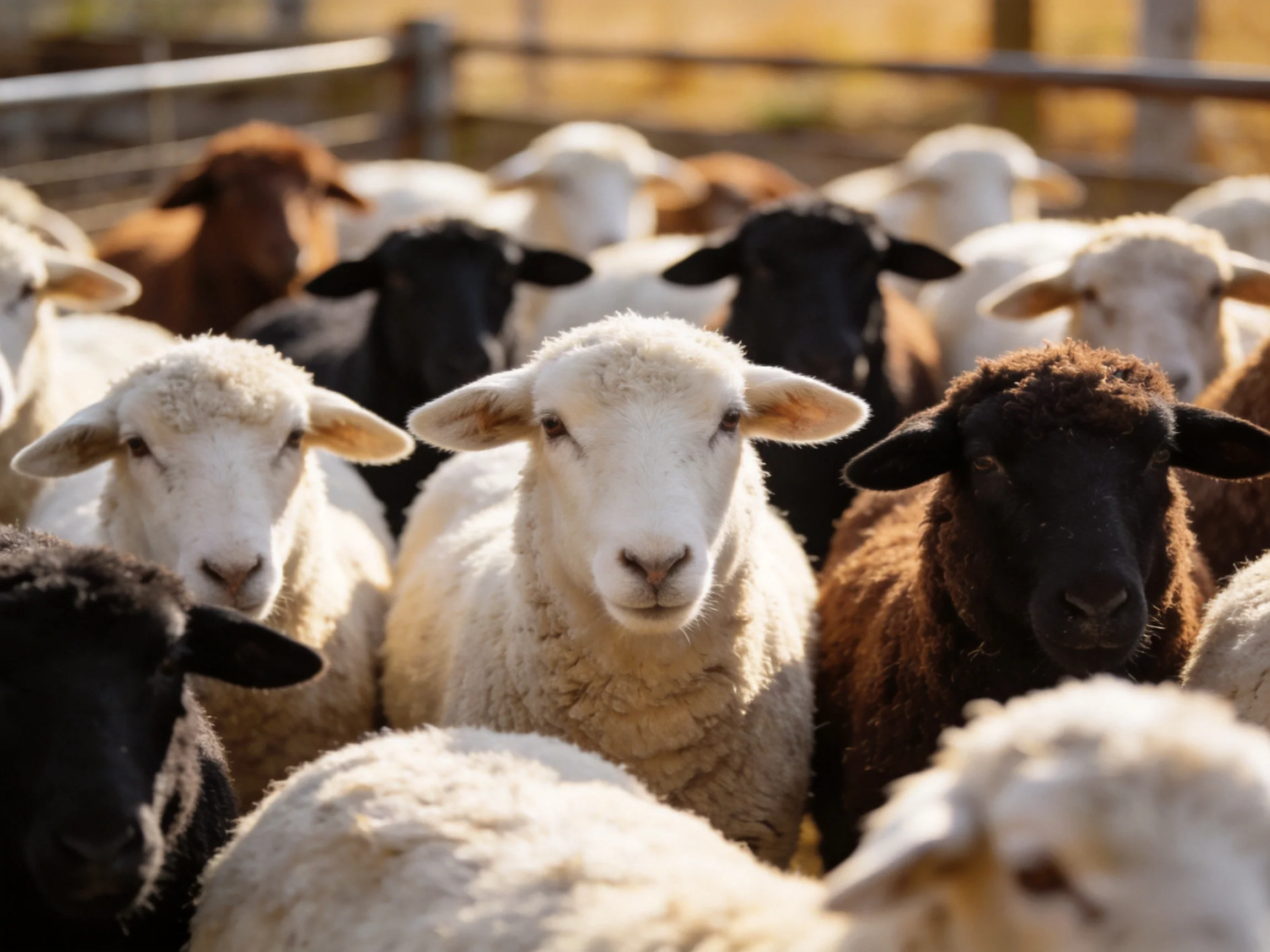 A diverse flock of sheep with white, black, and brown coats gathered closely