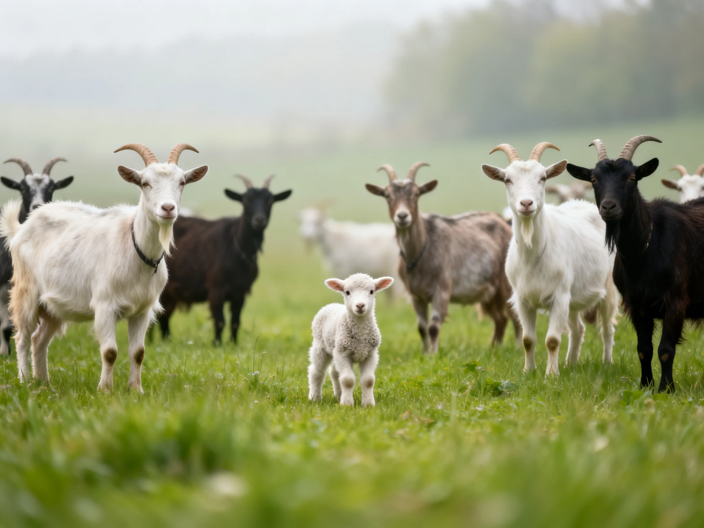 A diverse herd of goats and a lamb in a verdant pasture