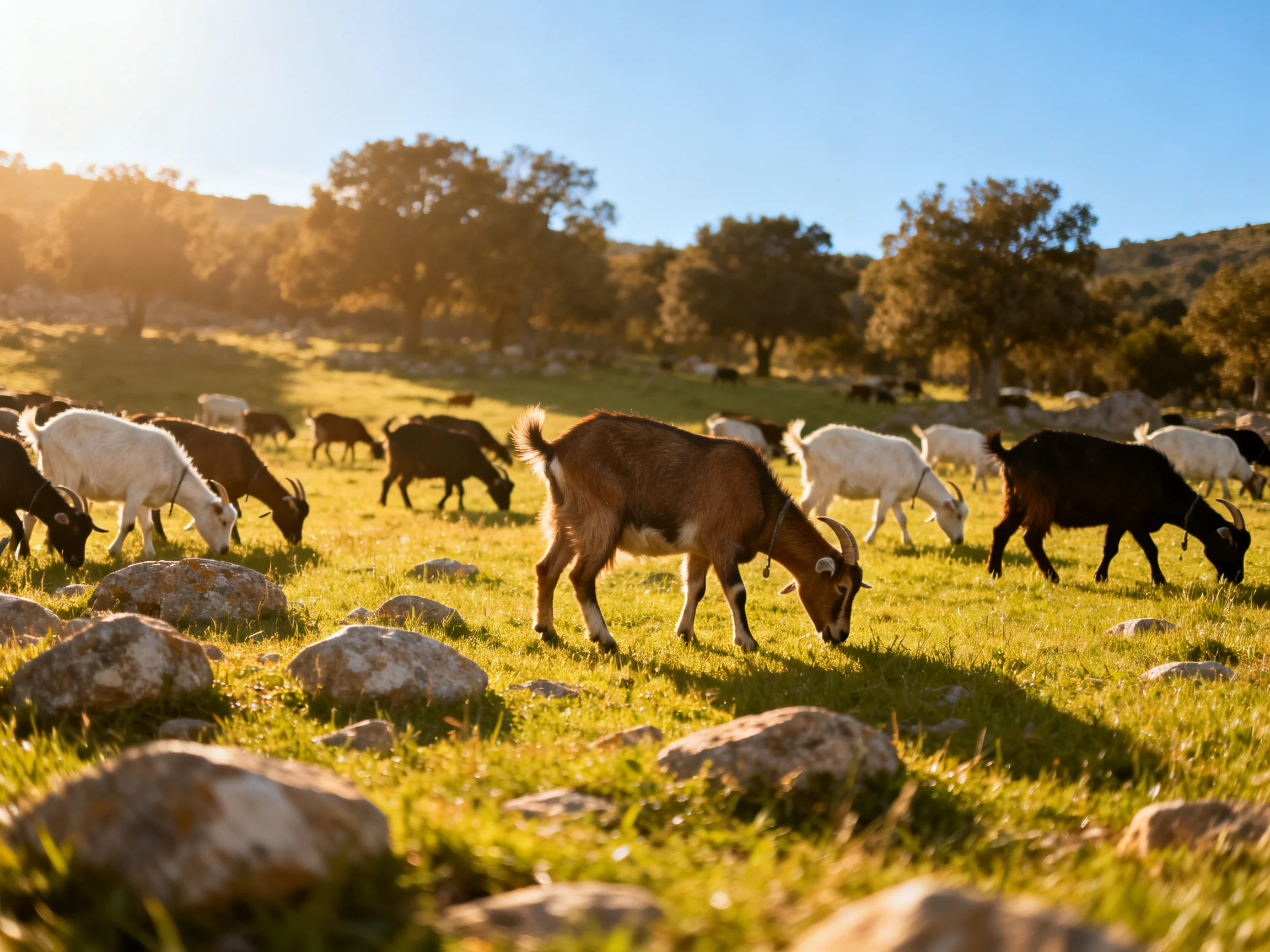 A diverse herd of goats grazes in a sunlit rocky meadow with scattered trees
