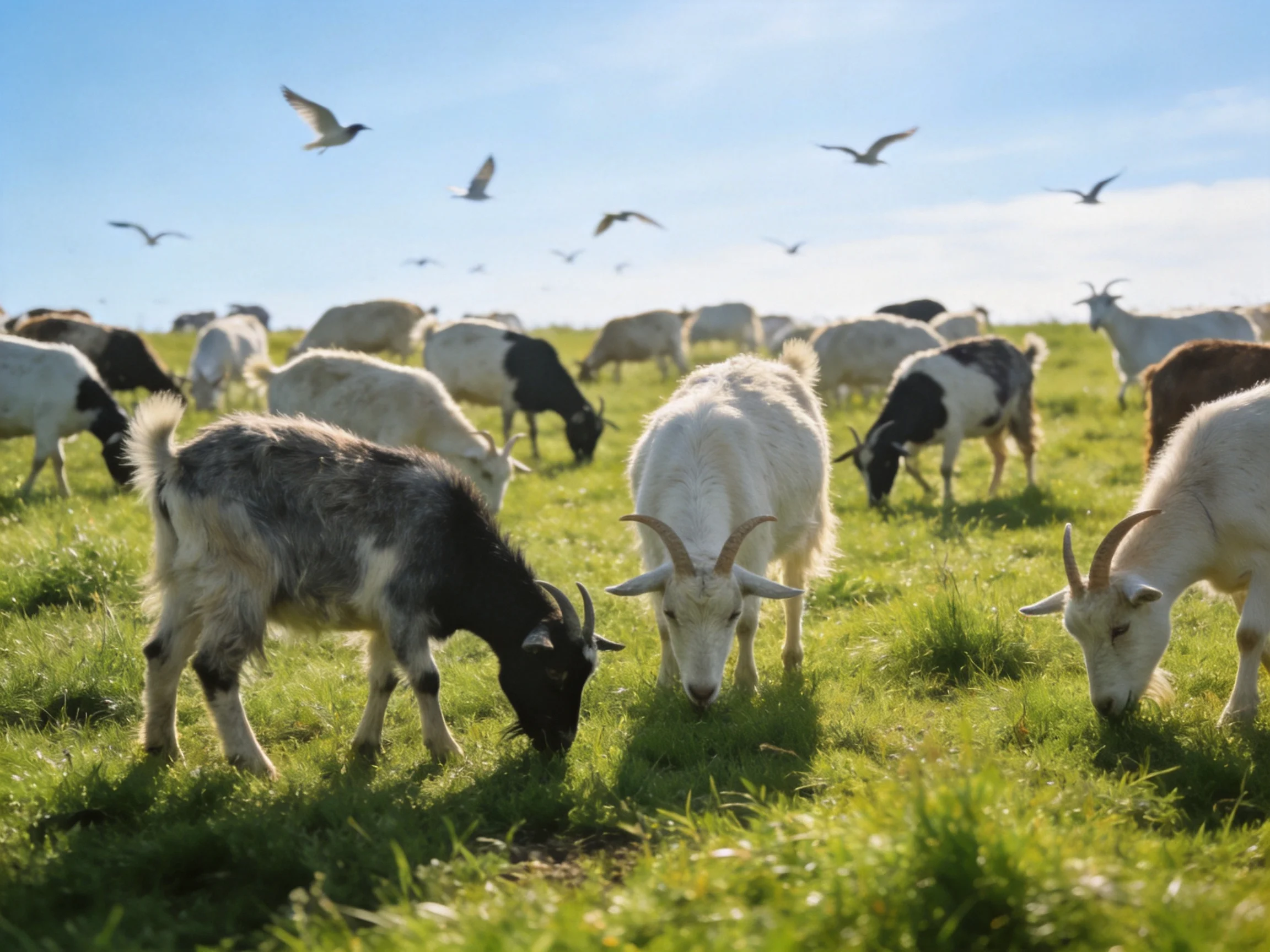 A diverse herd of goats grazing in a sunlit meadow