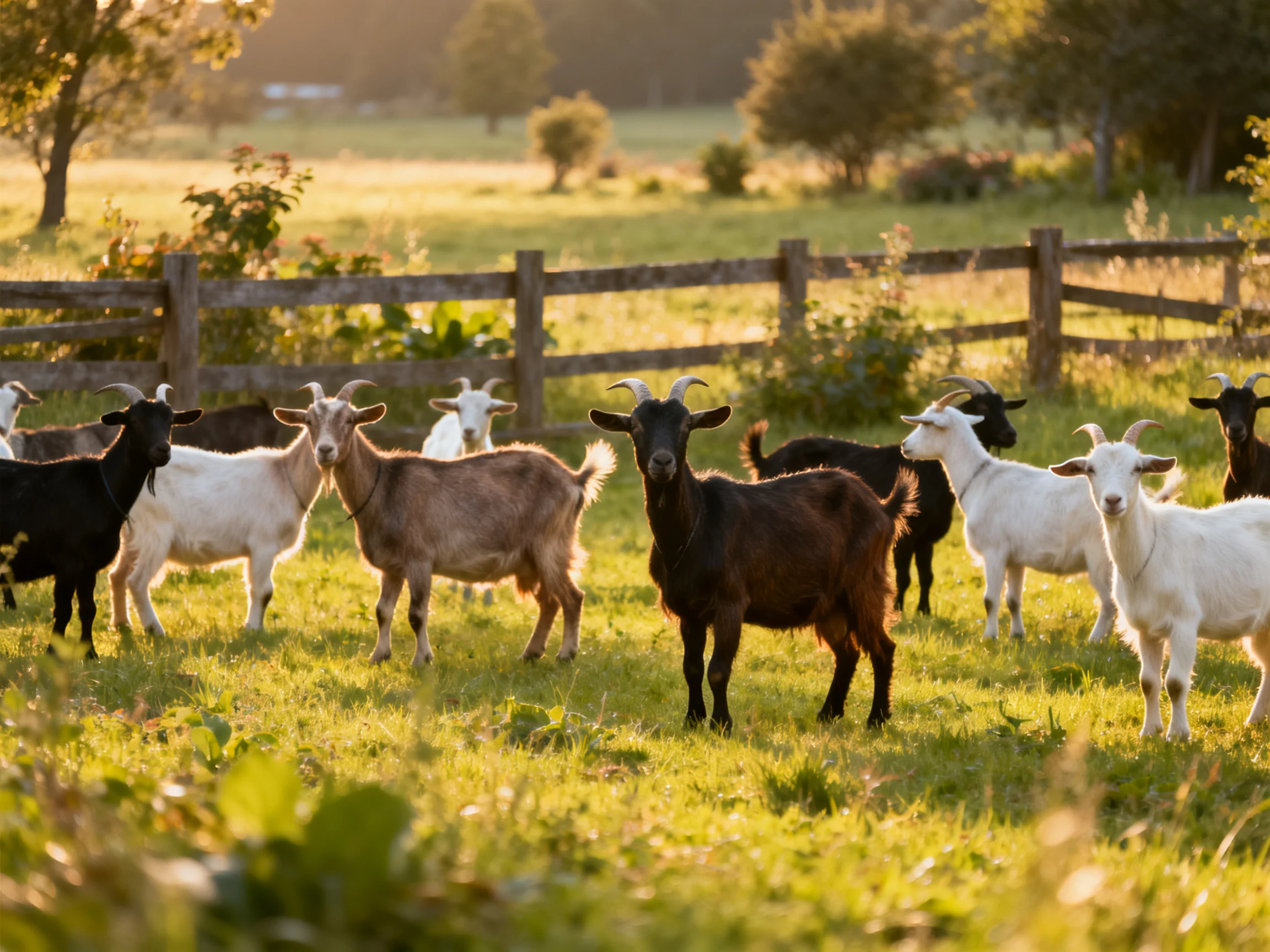 A diverse herd of goats in a sunlit fenced pasture