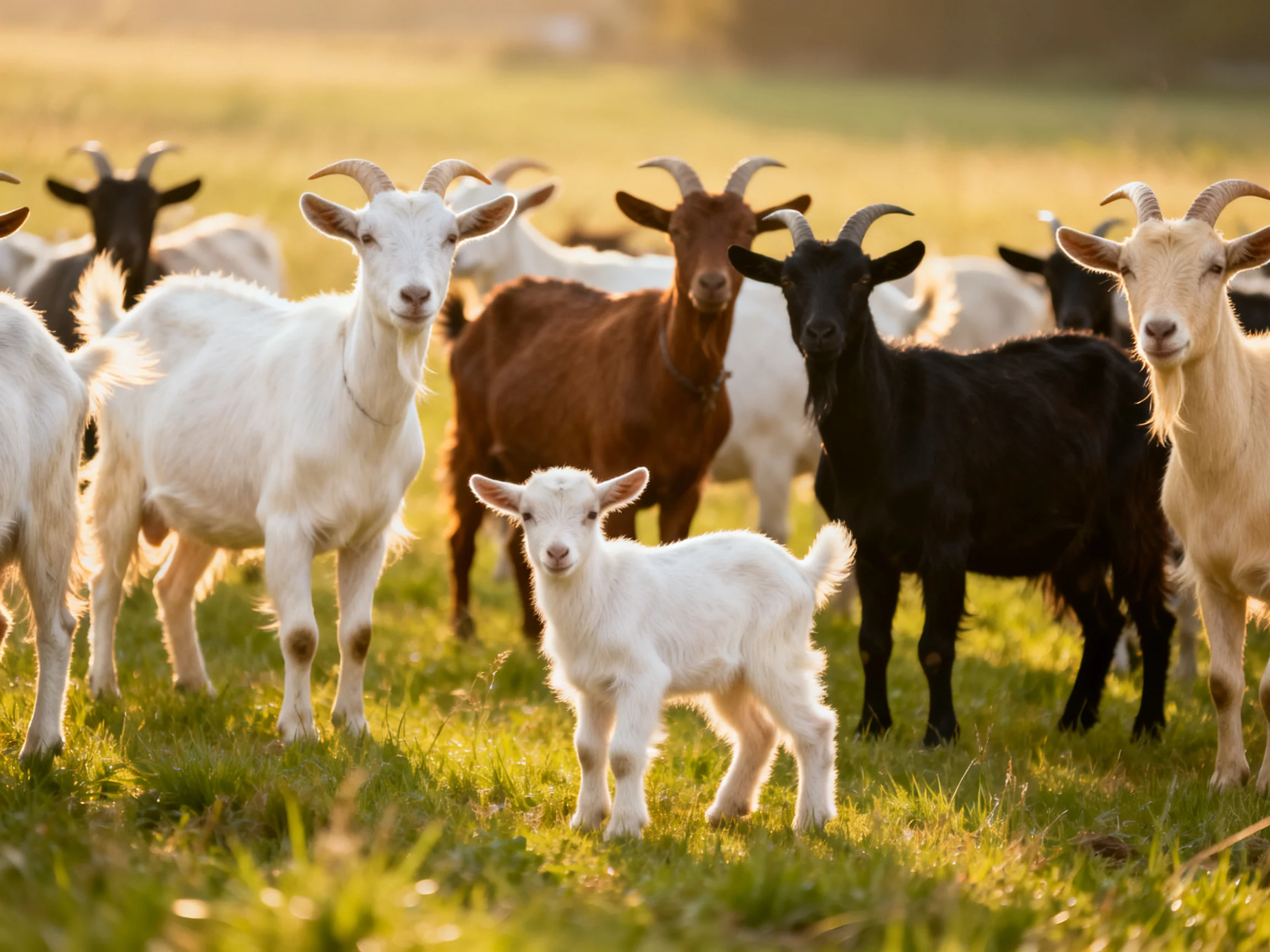 A diverse herd of goats in a sunlit pasture