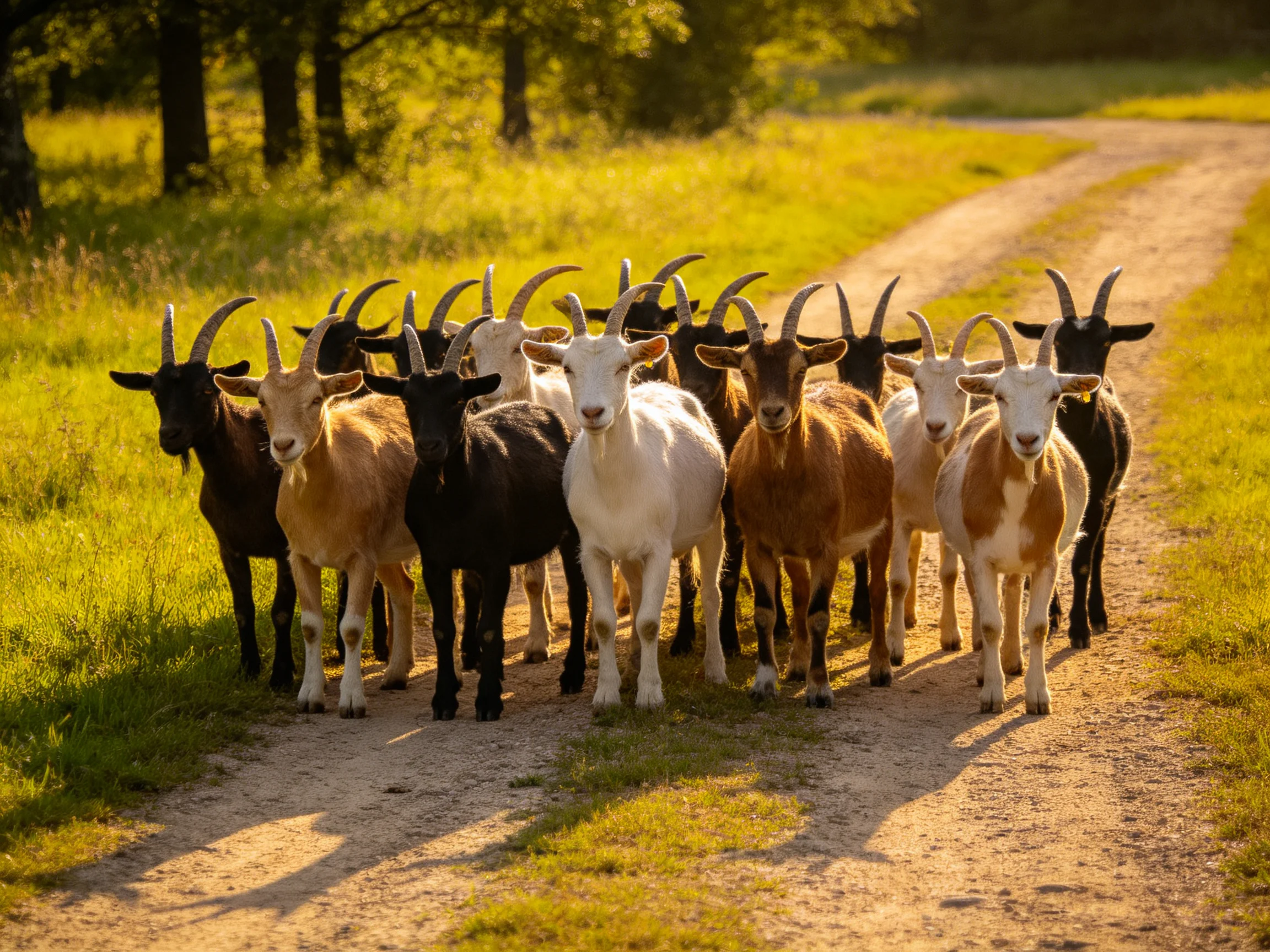 A diverse herd of goats in varied hues stands on a dirt path