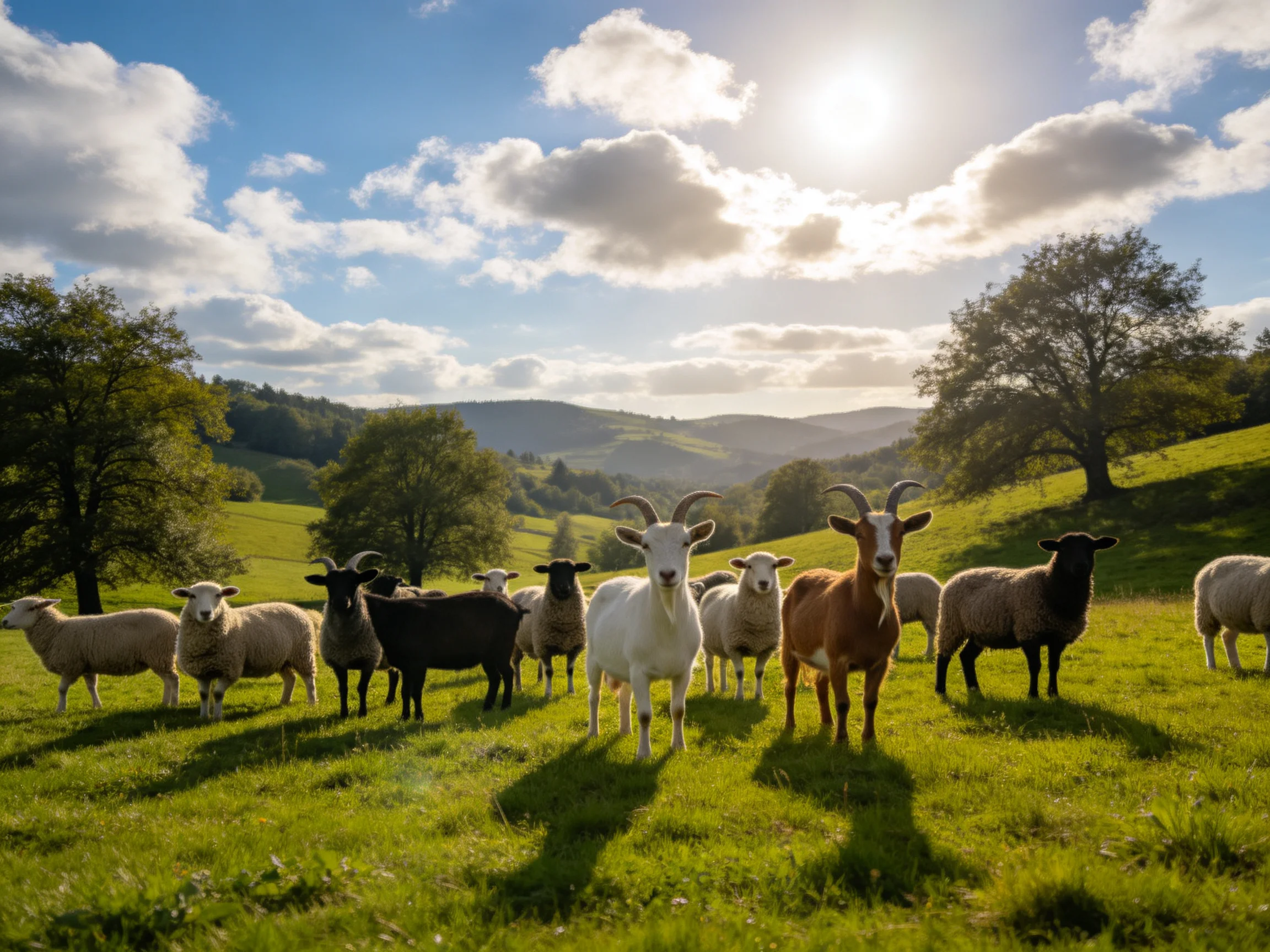 A diverse herd of goats, sheep, and lambs in a sunlit meadow