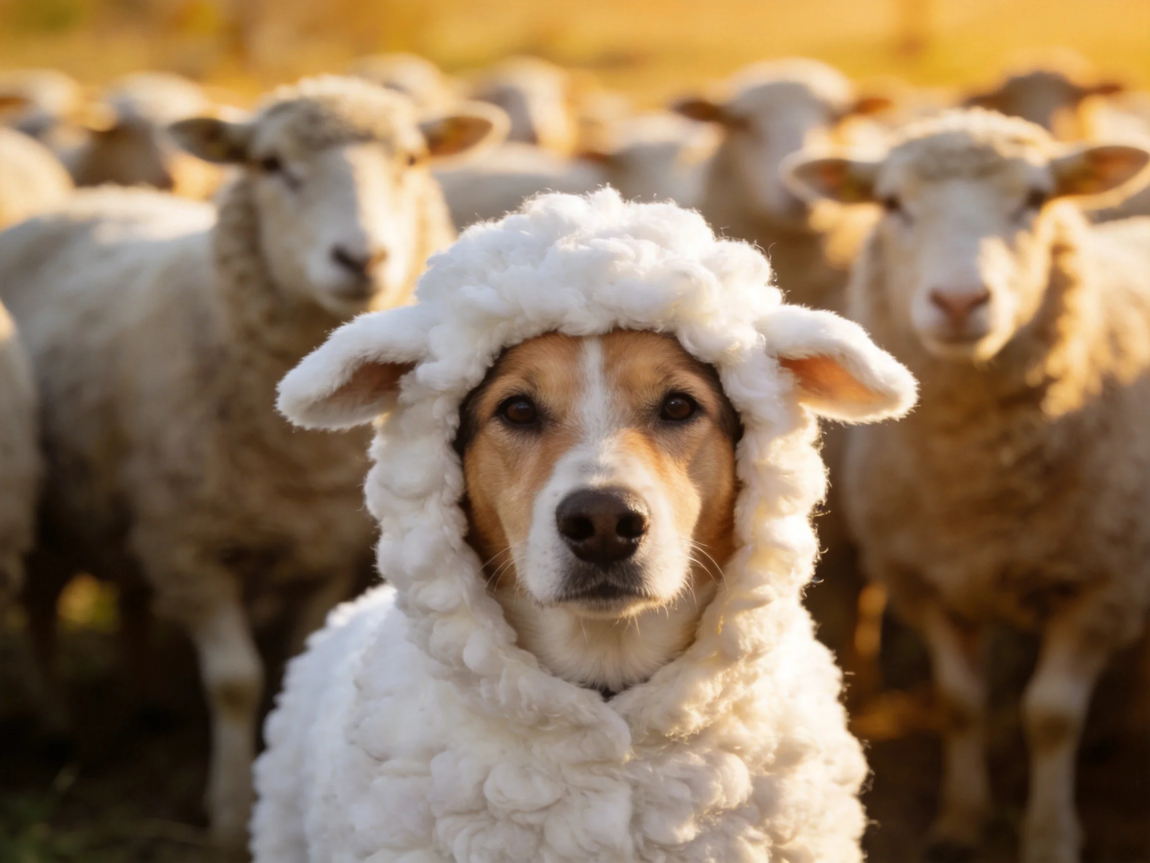 A dog in a white sheep costume among multiple brown sheep outdoors