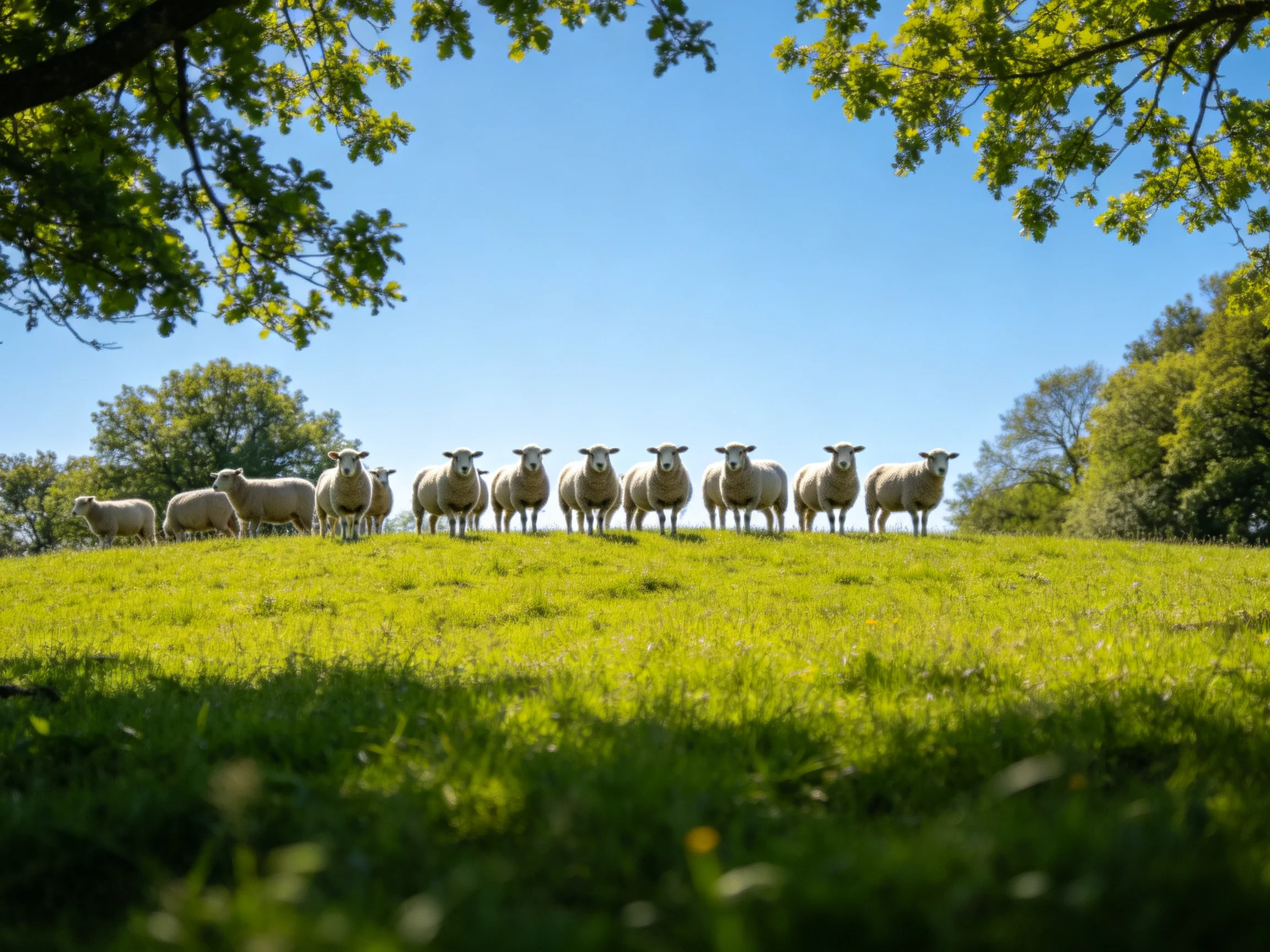 A dozen sheep stand on a green hillside under bright blue sky