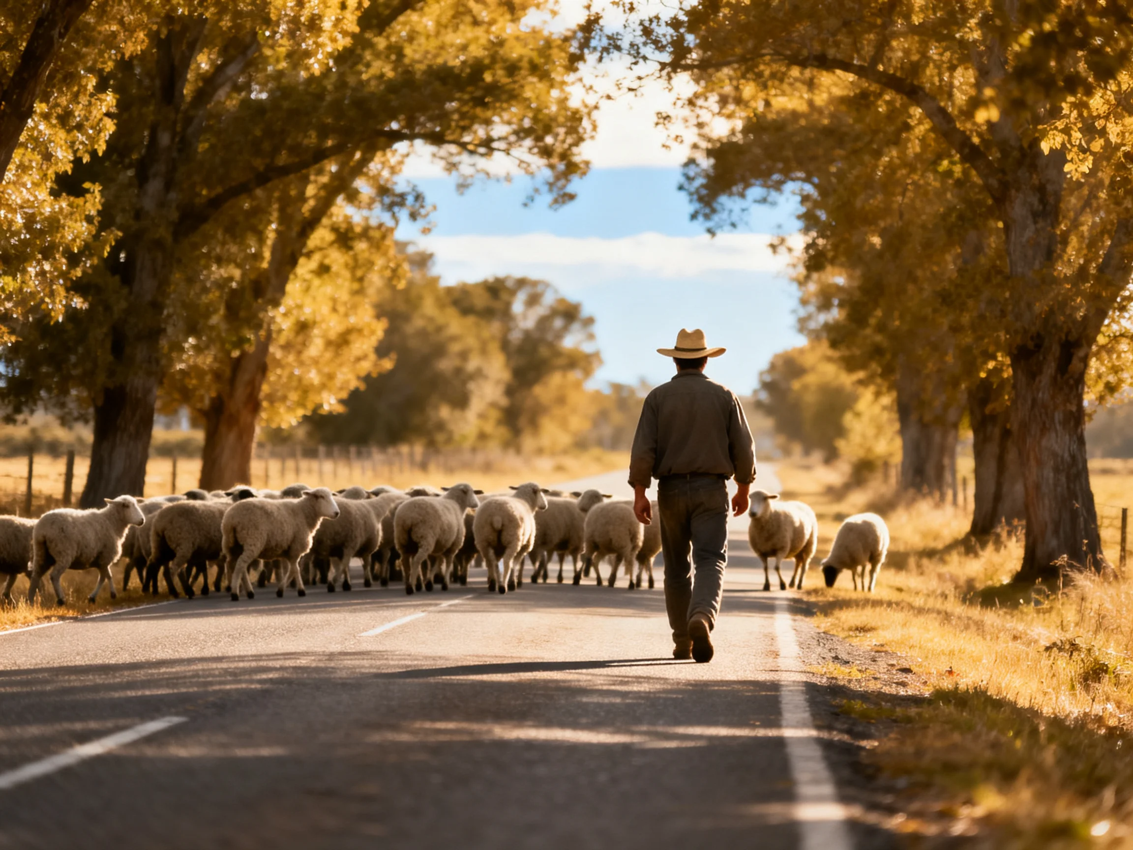 A farmer herding numerous sheep on a tree-lined country road