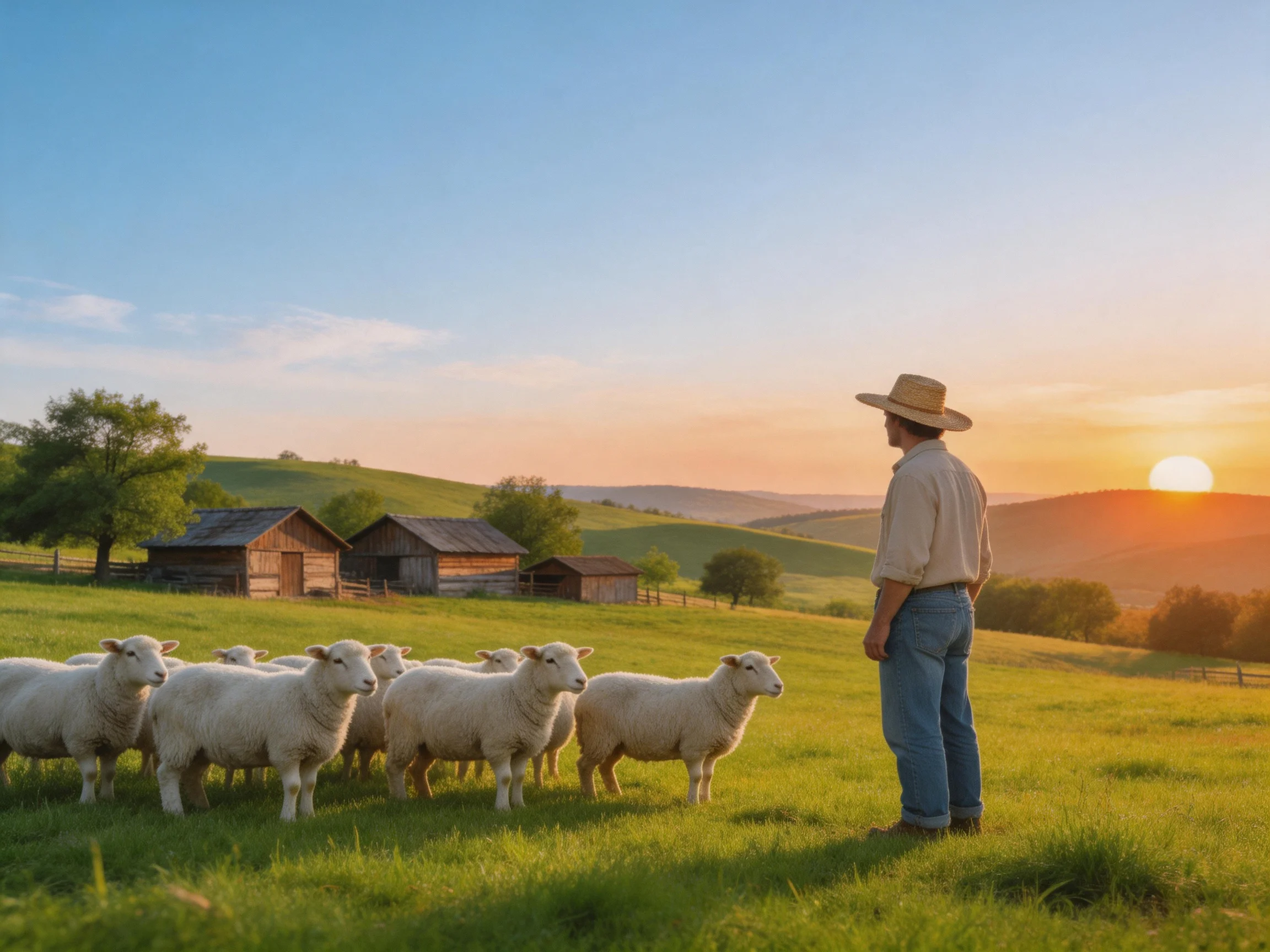 A farmer herding sheep in a green pasture at sunset