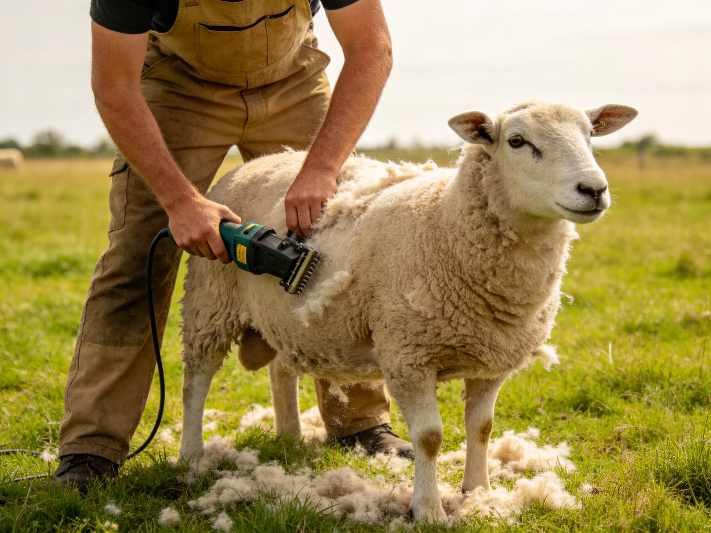 A farmer uses a green clipper to shear a sheep in a grassy field.