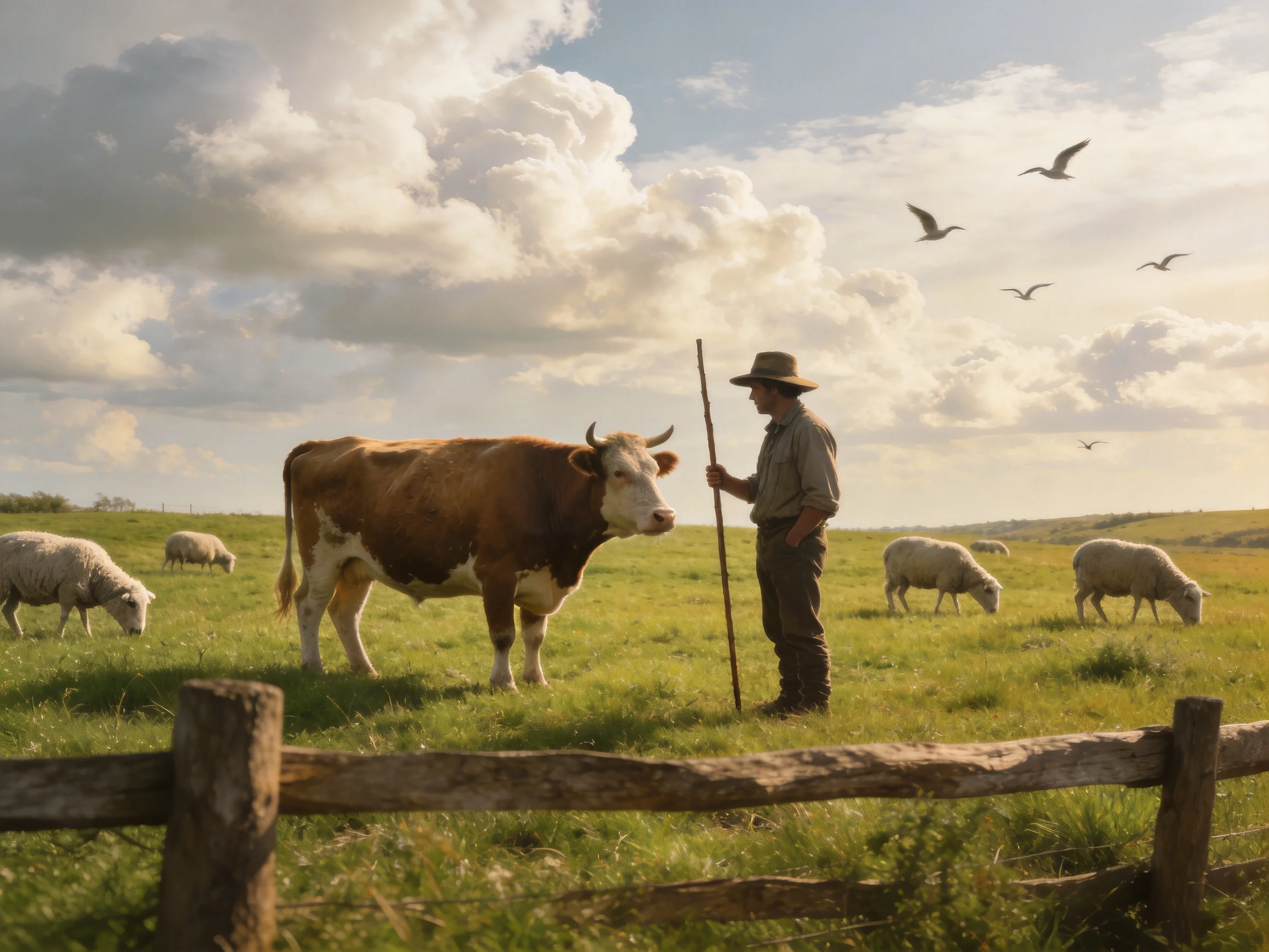 A farmer stands beside a brown cow among white sheep in a sunlit pasture
