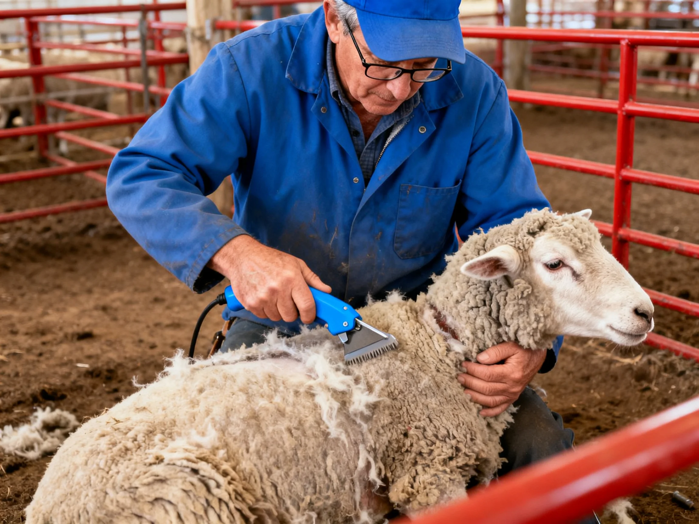 A farmer uses a blue electric clipper to shear a woolly sheep