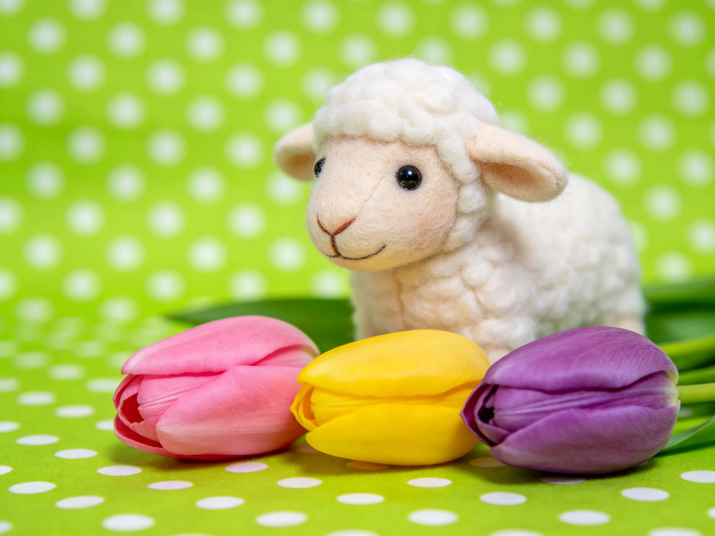 A felt sheep beside pink, yellow, and purple tulips on a green polka-dot surface