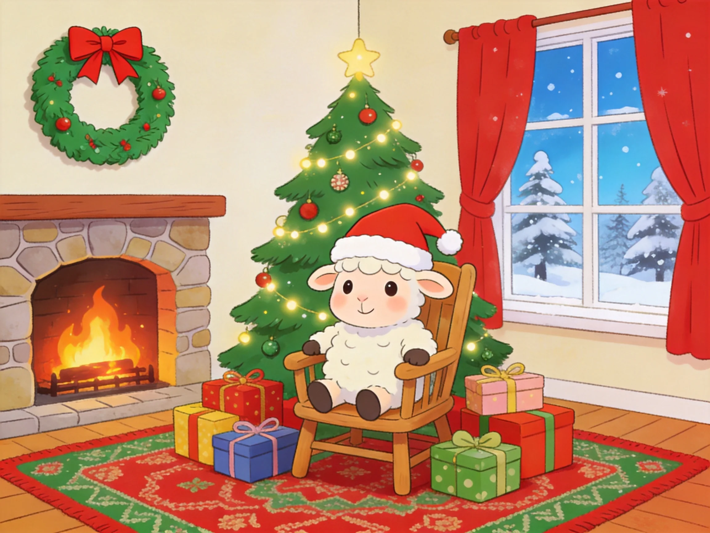 A festive living room with a sheep in a Santa hat by a lit Christmas tree