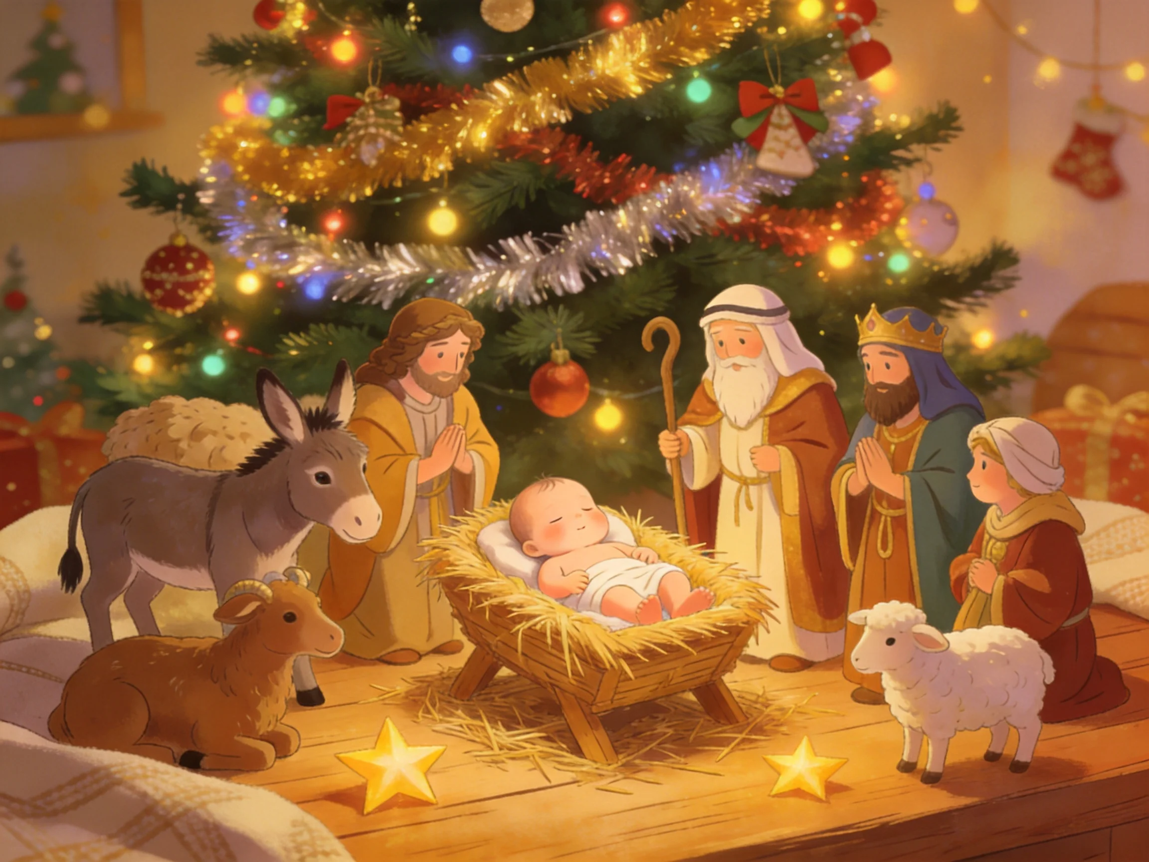 A festive nativity scene with six figures near a decorated Christmas tree