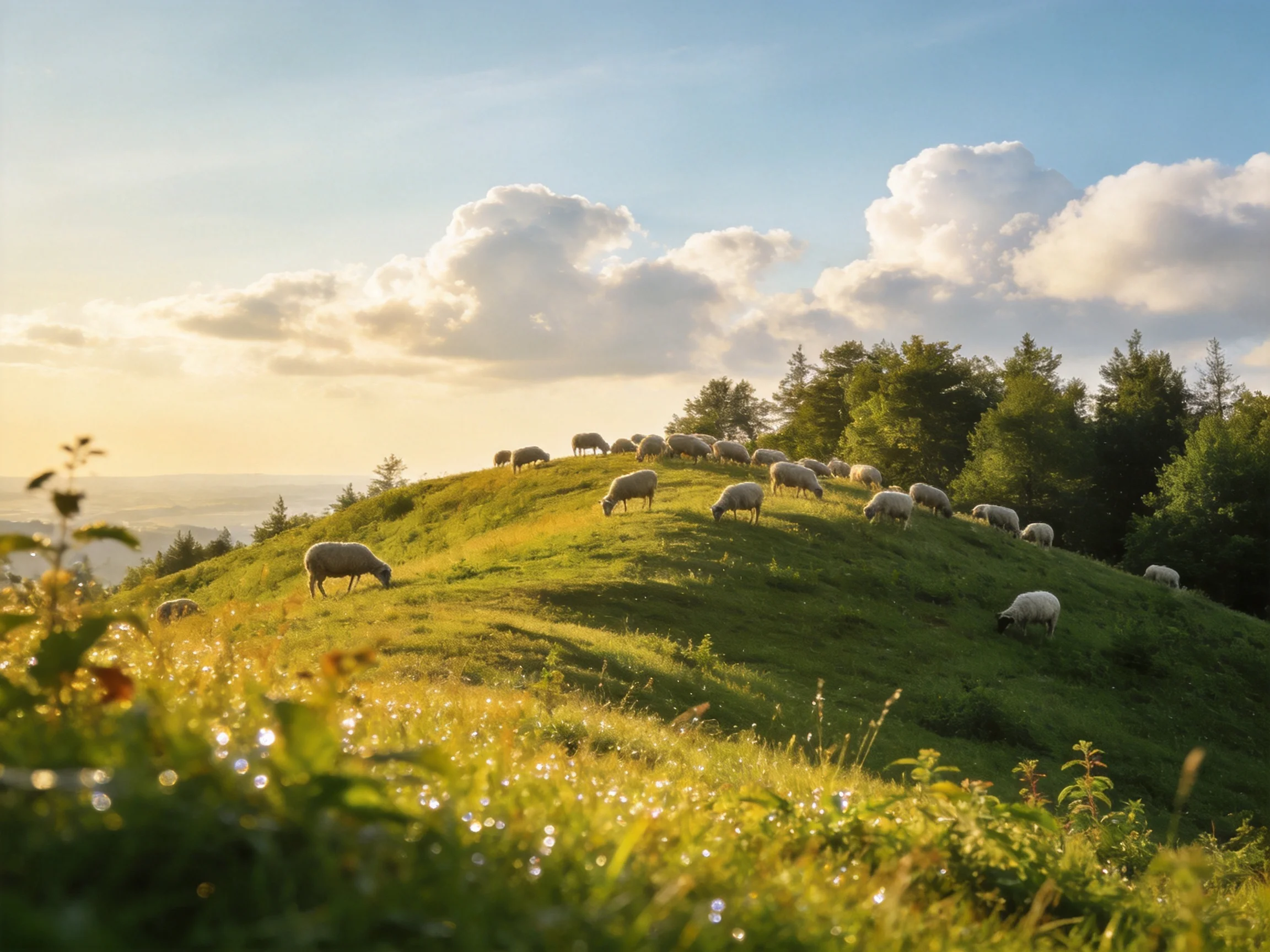 A flock graze on a verdant hillside bathed in golden sunlight