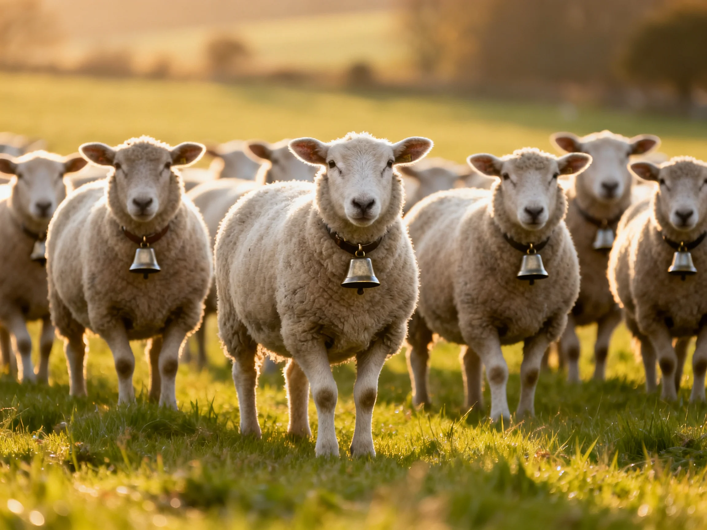 A flock of bell-wearing sheep in a sunlit green pasture