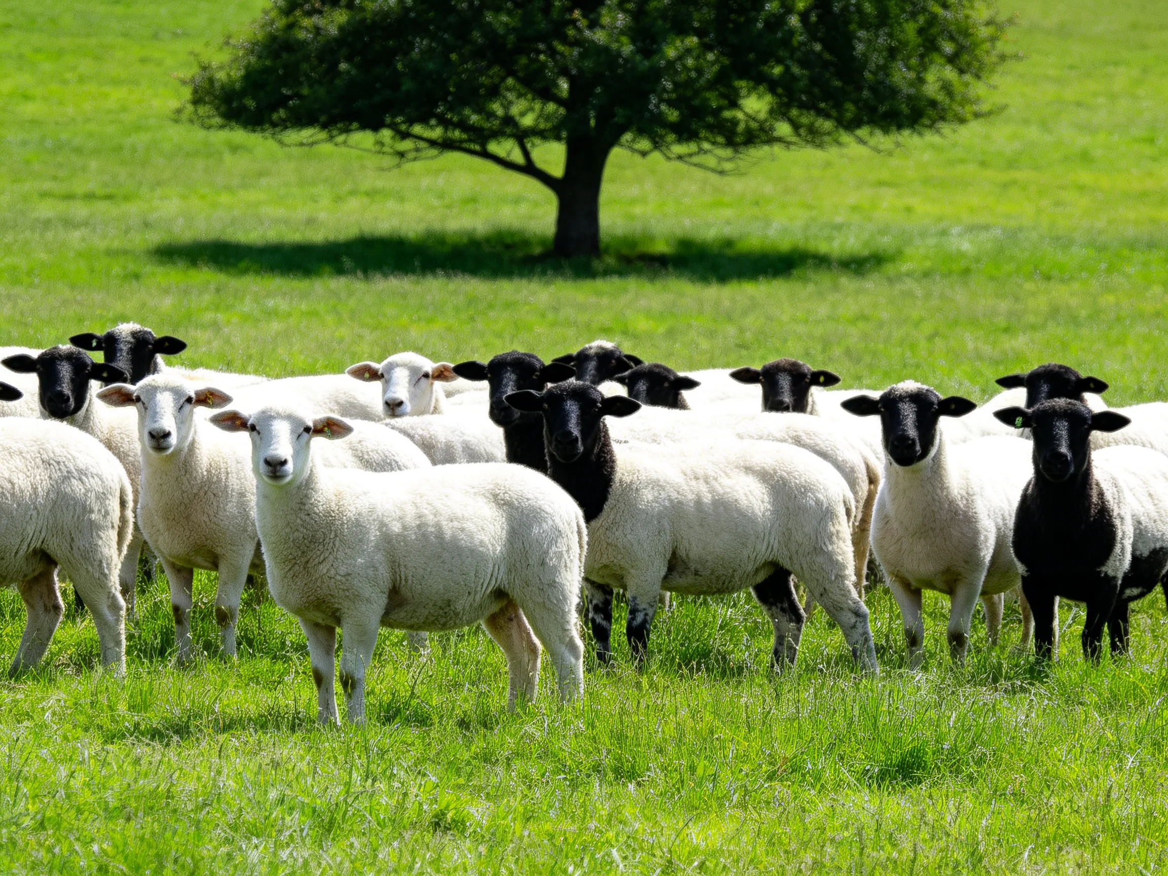 Black and white sheep cluster in a sunlit green pasture with a single tree