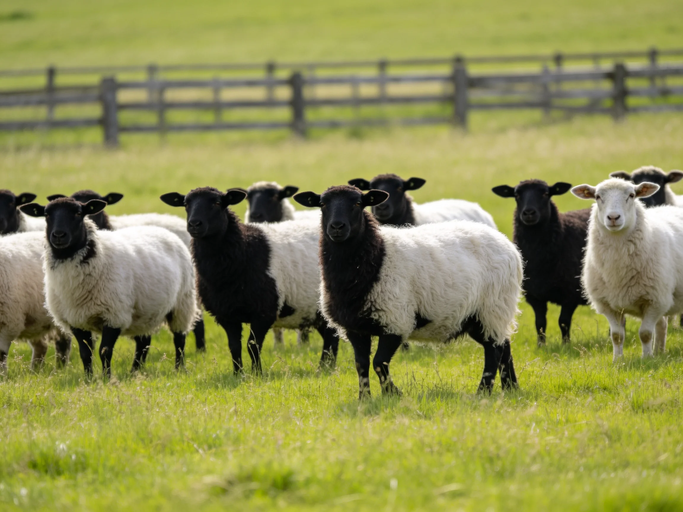 Black and white sheep gather in a sunlit pasture.