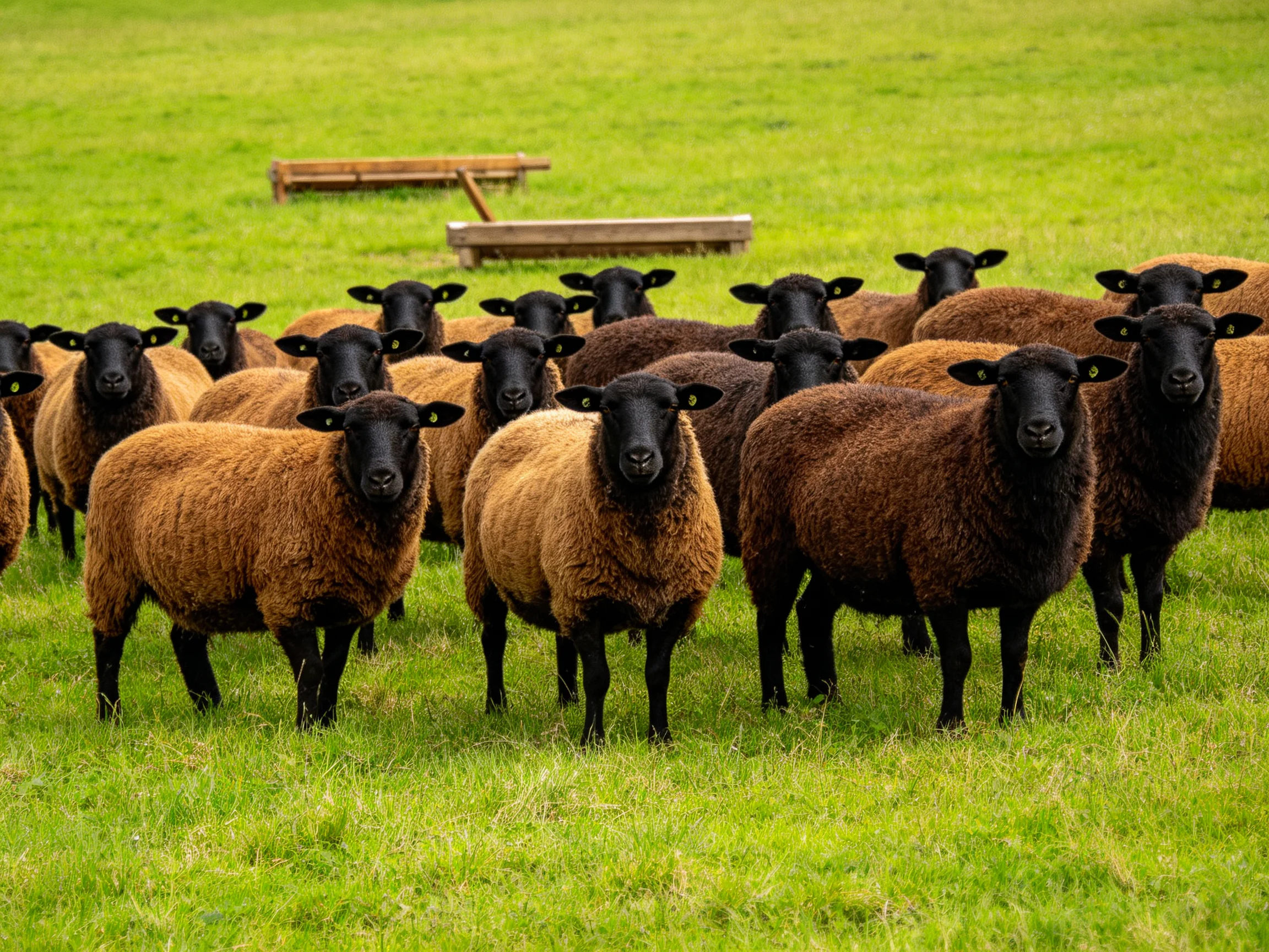A flock of black-faced brown sheep in a lush green pasture