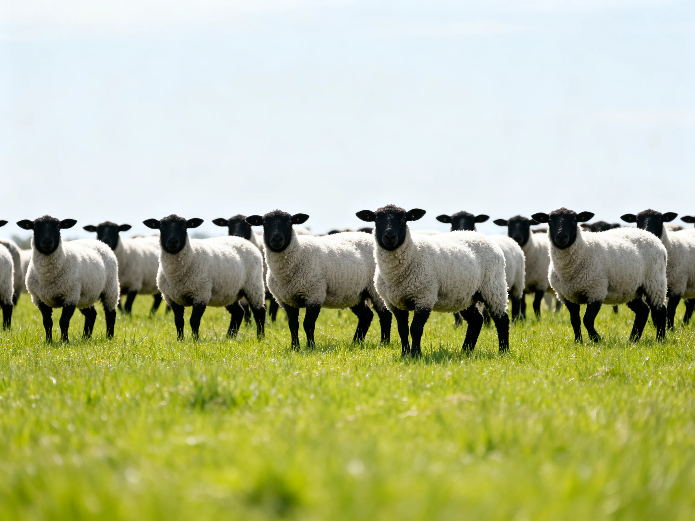 A flock of black-faced sheep with thick white coats in a lush green field
