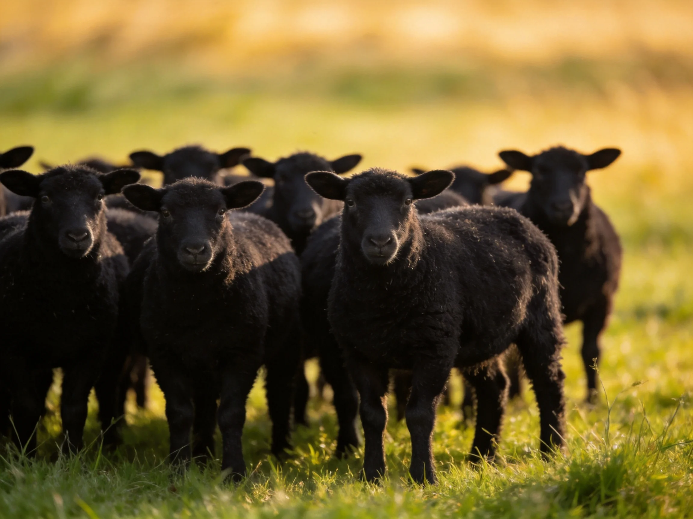 A flock of black lambs gathered in a sunlit meadow