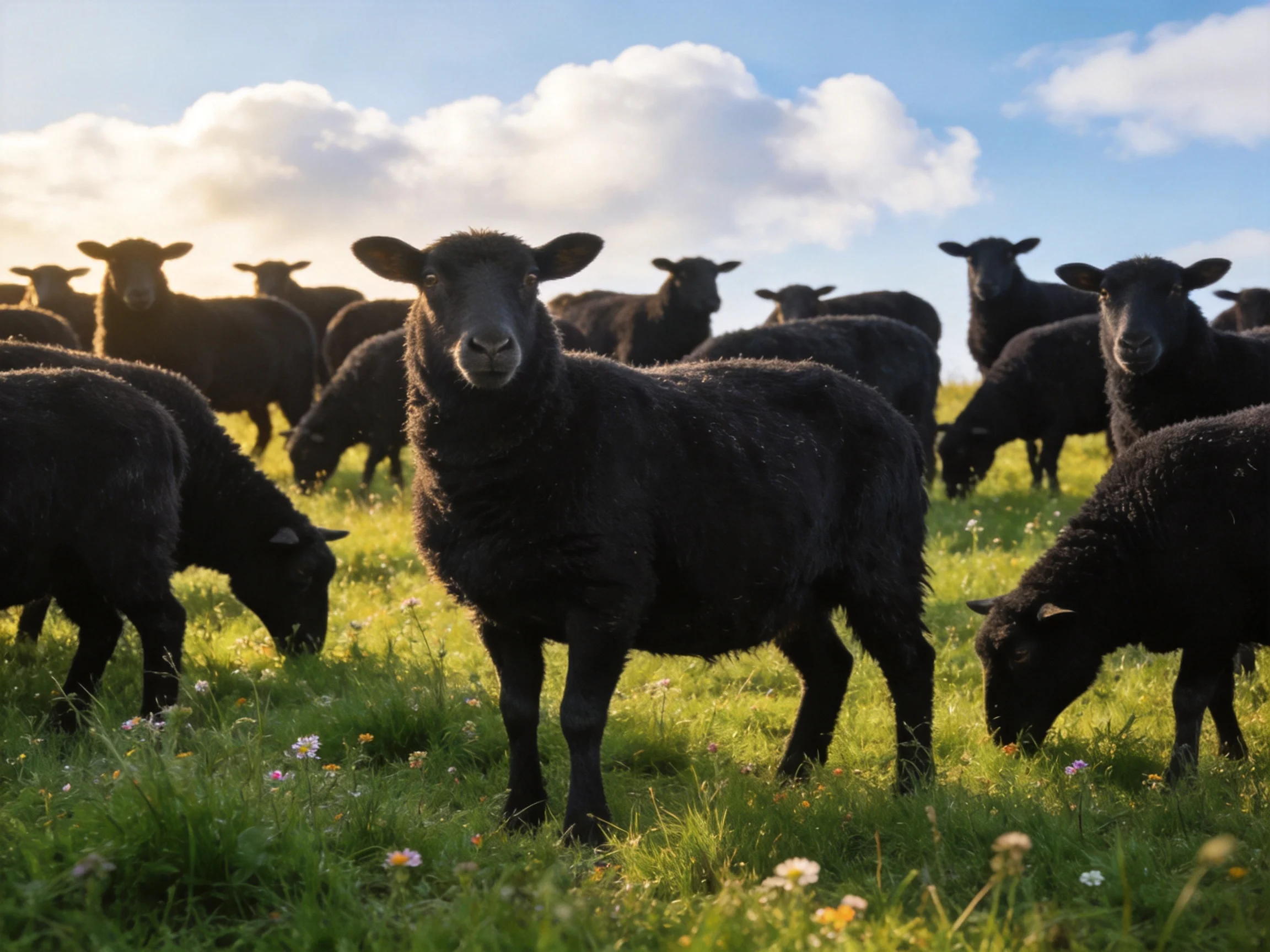 A flock of black sheep grazing in a sunlit meadow